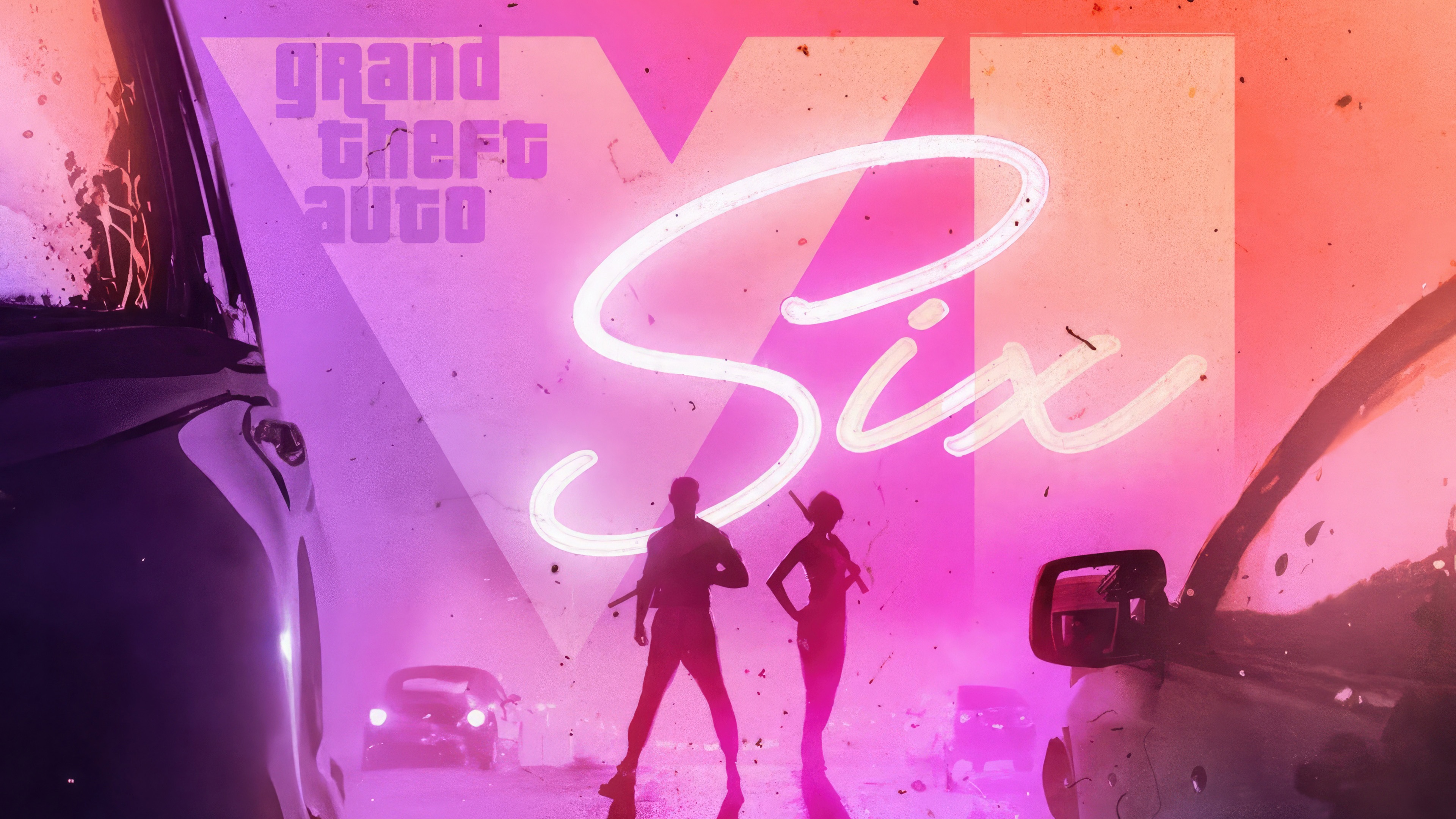 Grand Theft Auto VI neon sign with two figures HD Wallpaper
