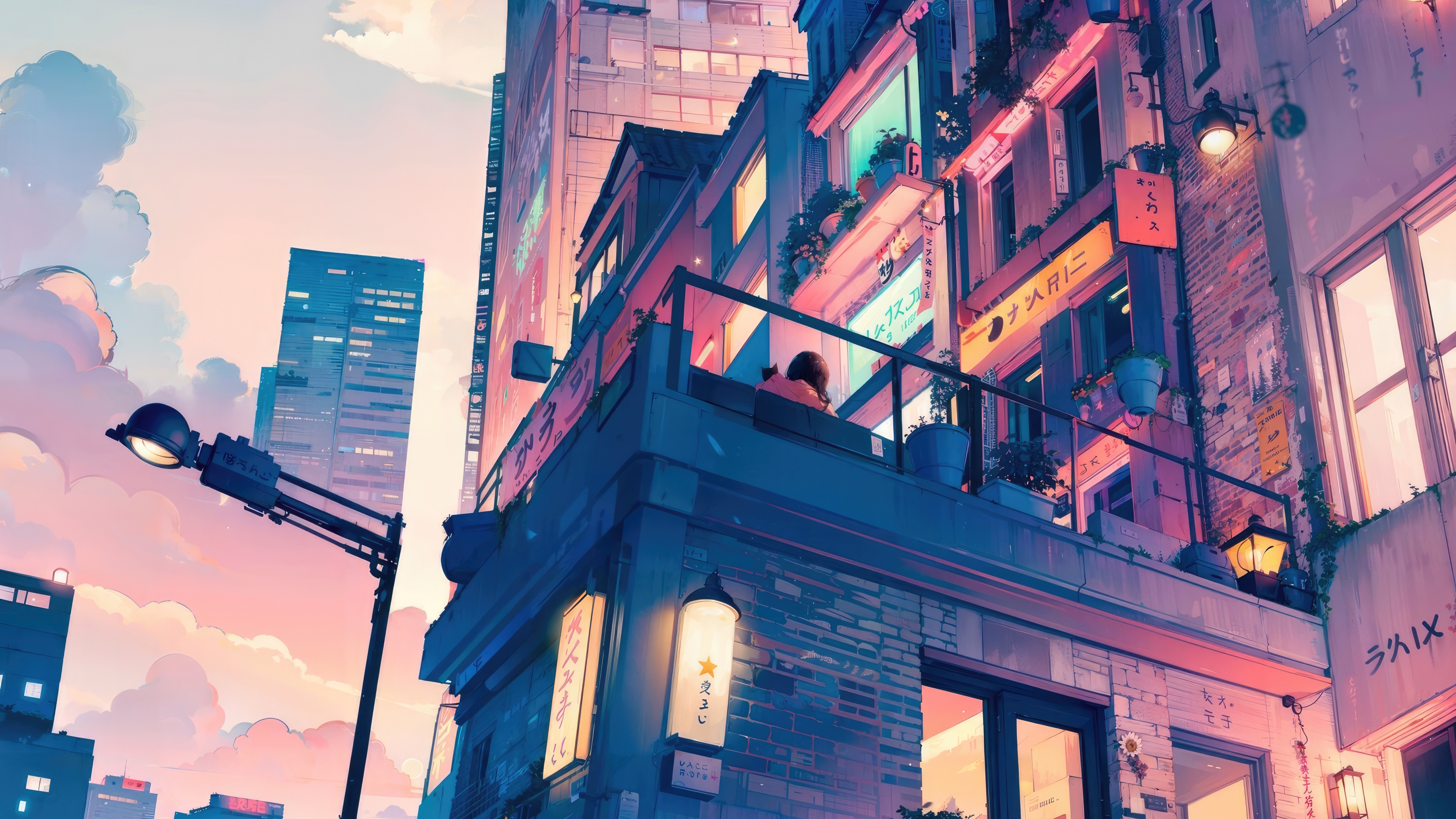 Anime city street at dusk with neon signs HD Wallpaper