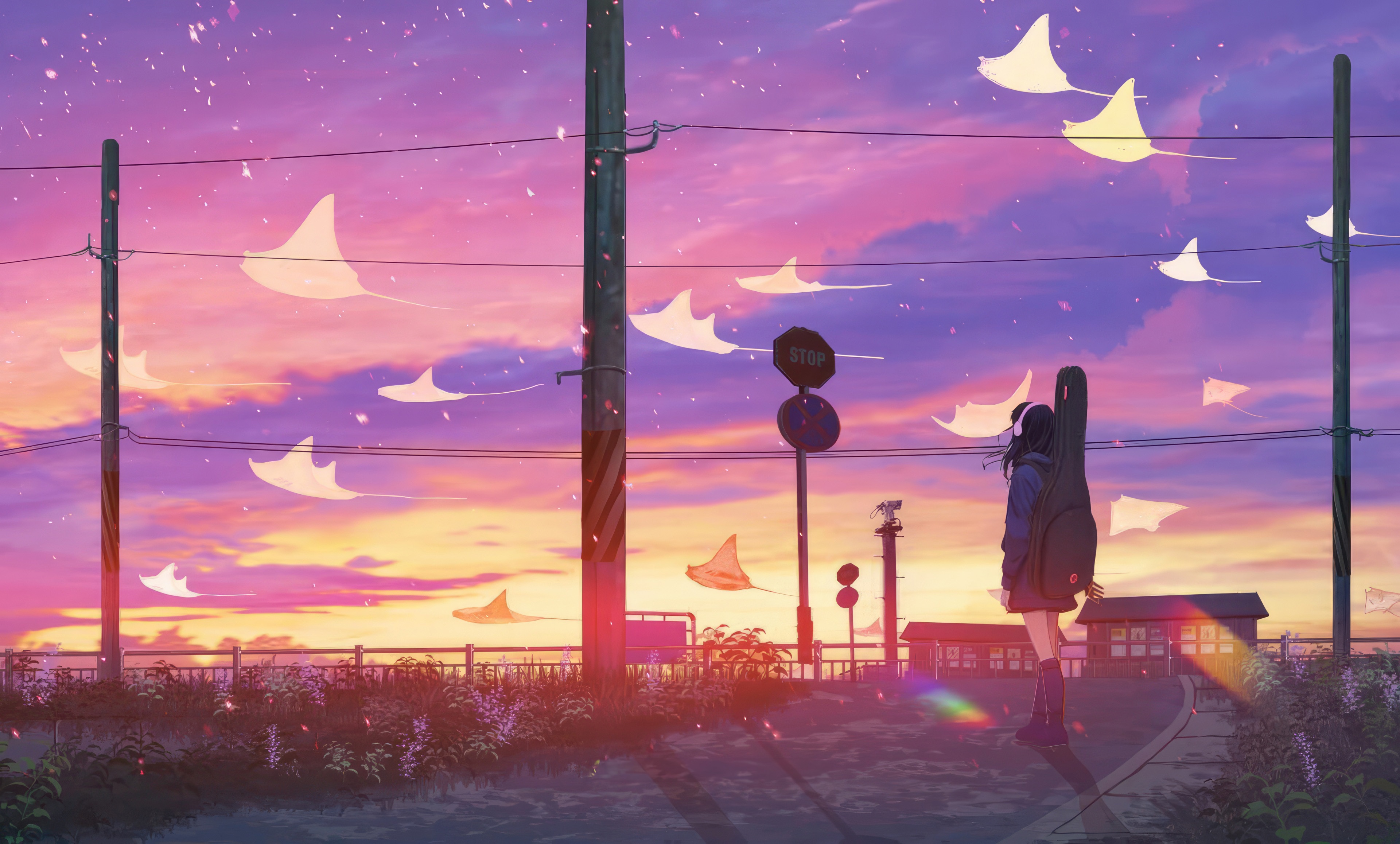 Anime Girl with Guitar Case Under Dreamy Skies HD Wallpaper