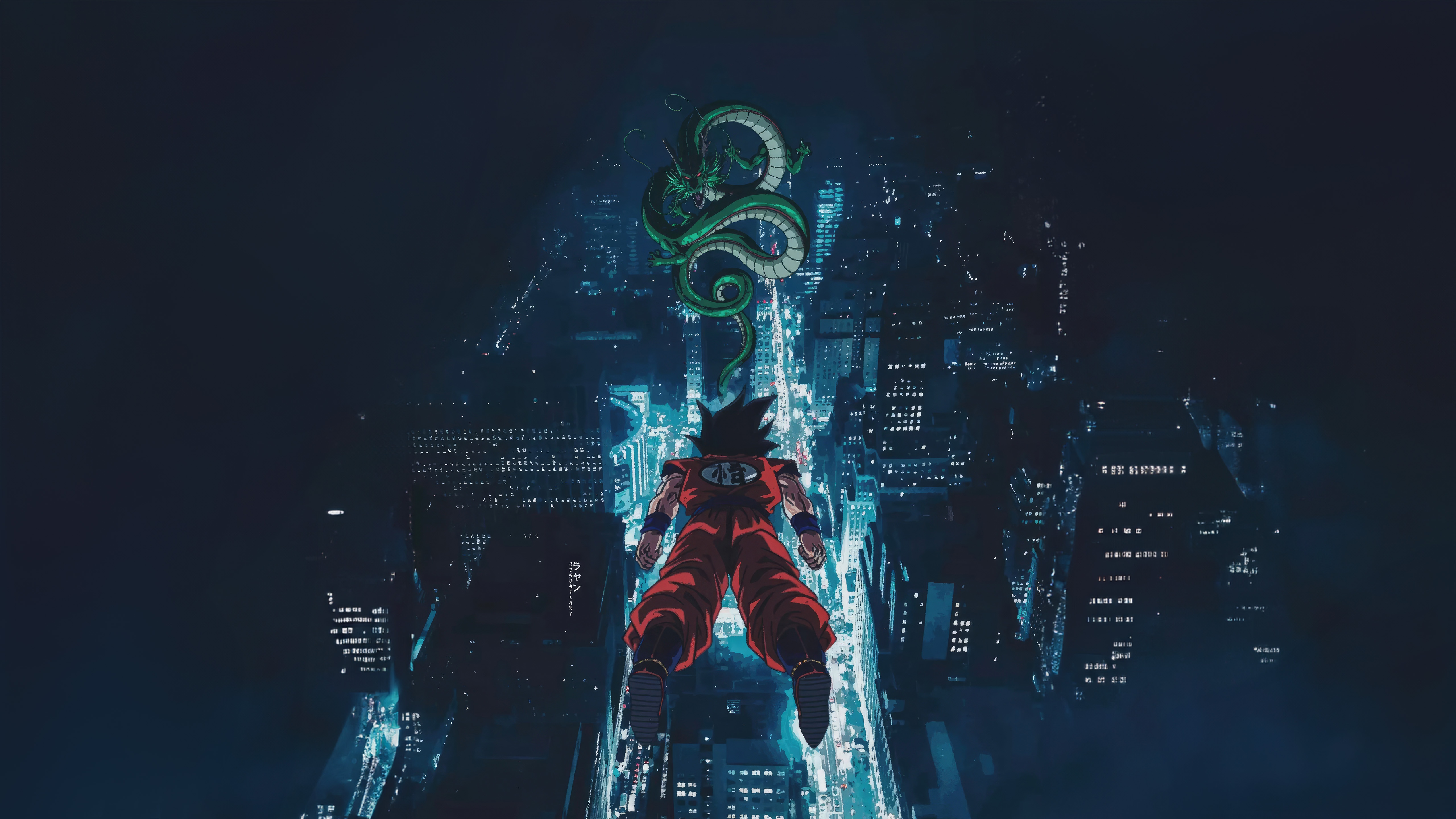 Goku and Shenron over a futuristic city at night HD Wallpaper