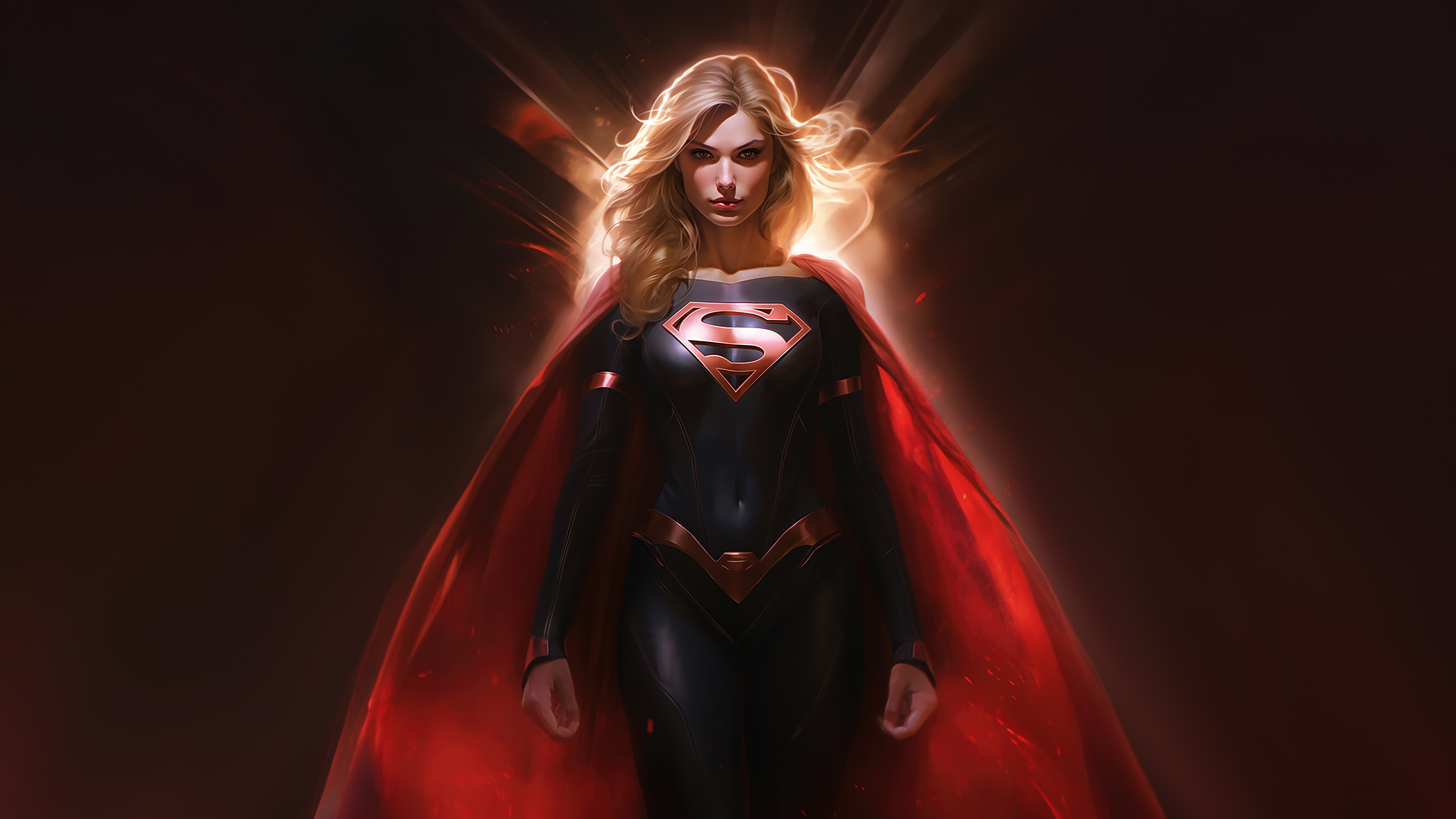 Supergirl in a black and red costume with a cape HD Wallpaper