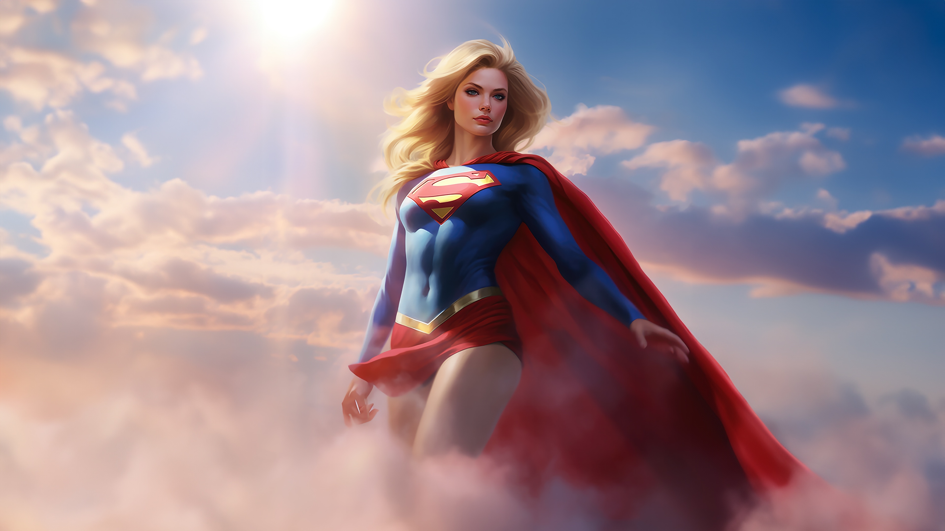 Supergirl flying through clouds with sun flare HD Wallpaper