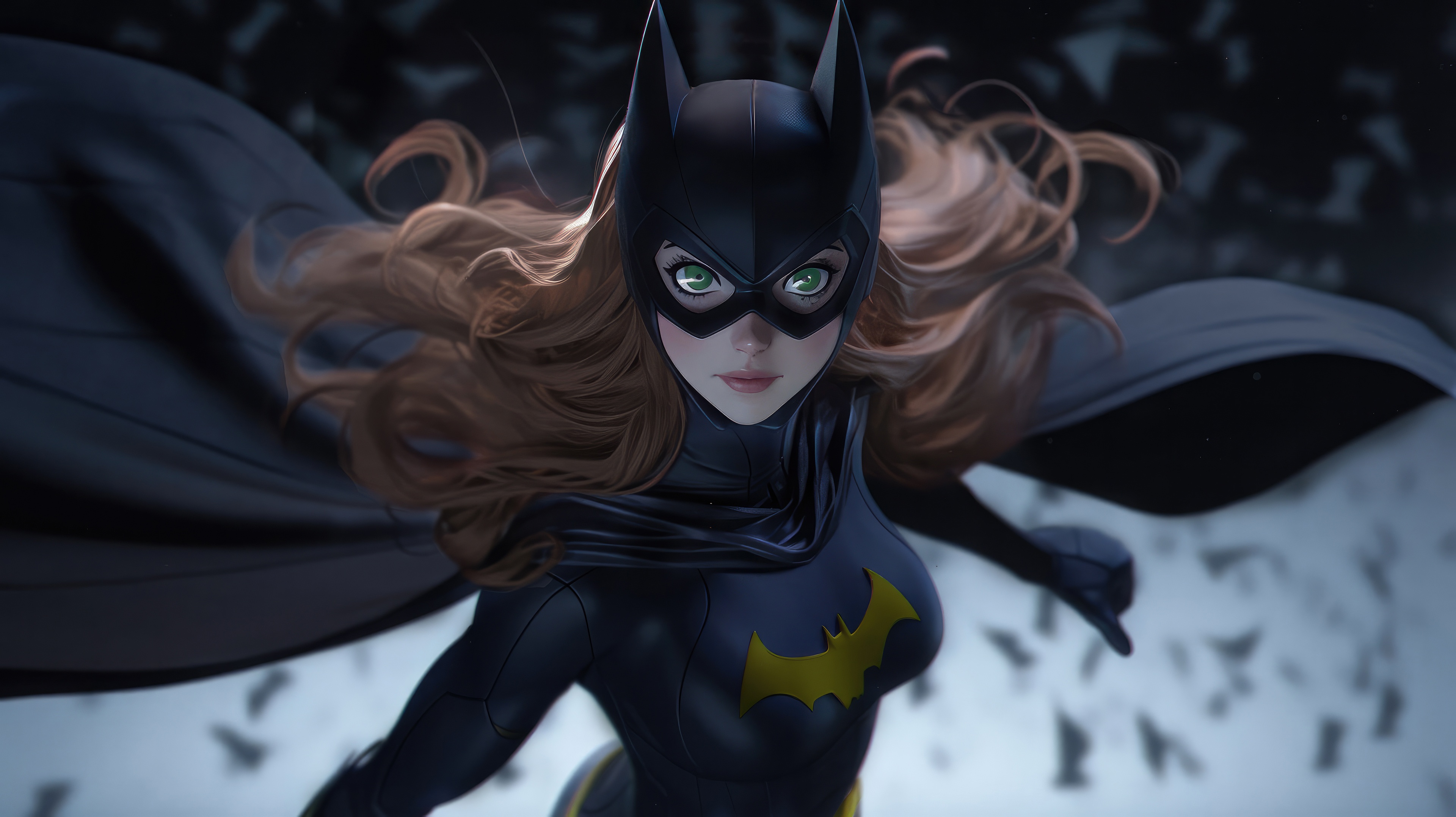 Batgirl in a dark costume with a yellow bat symbol HD Wallpaper