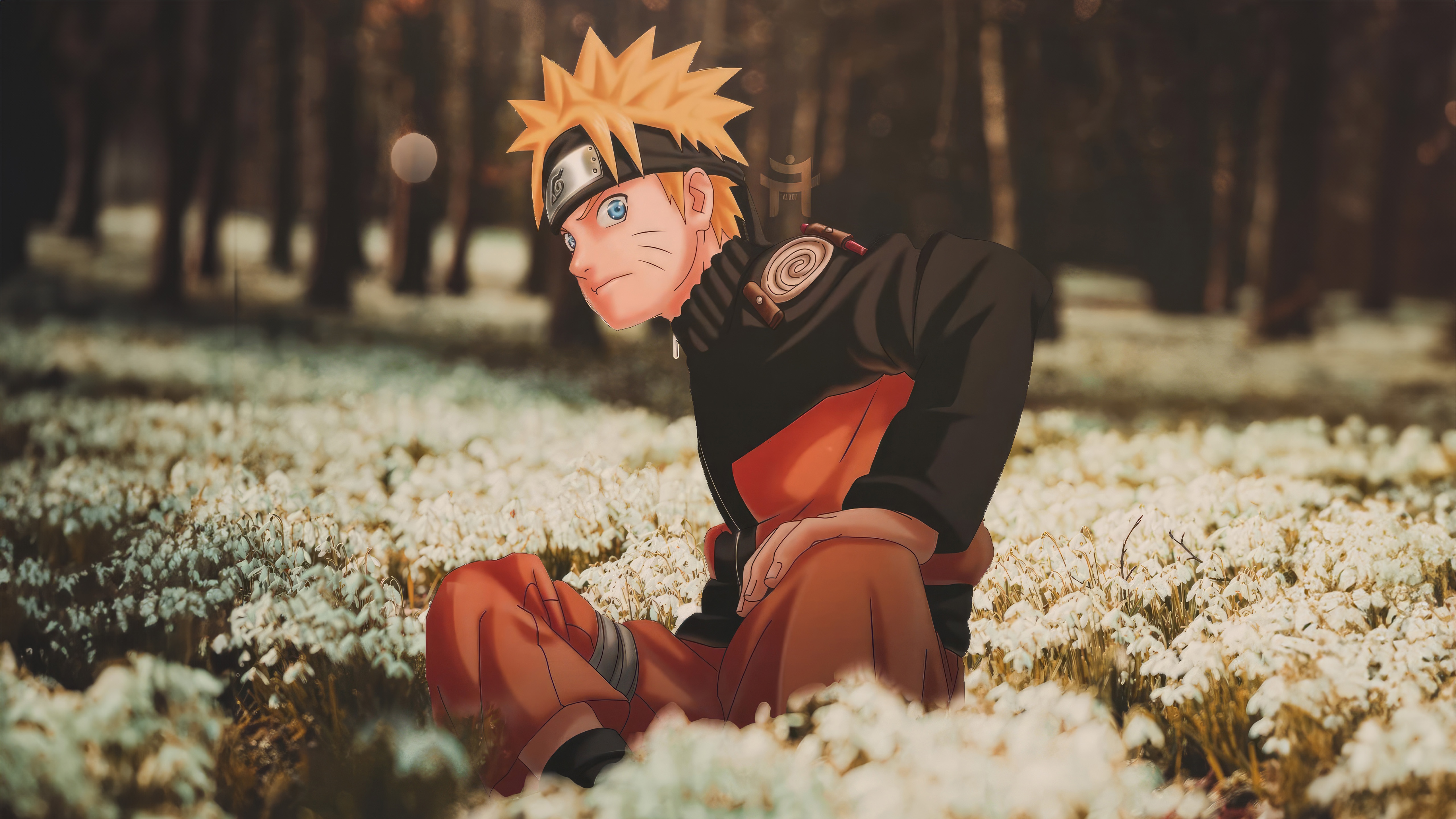 Uzumaki Naruto sitting in a field of flowers HD Wallpaper