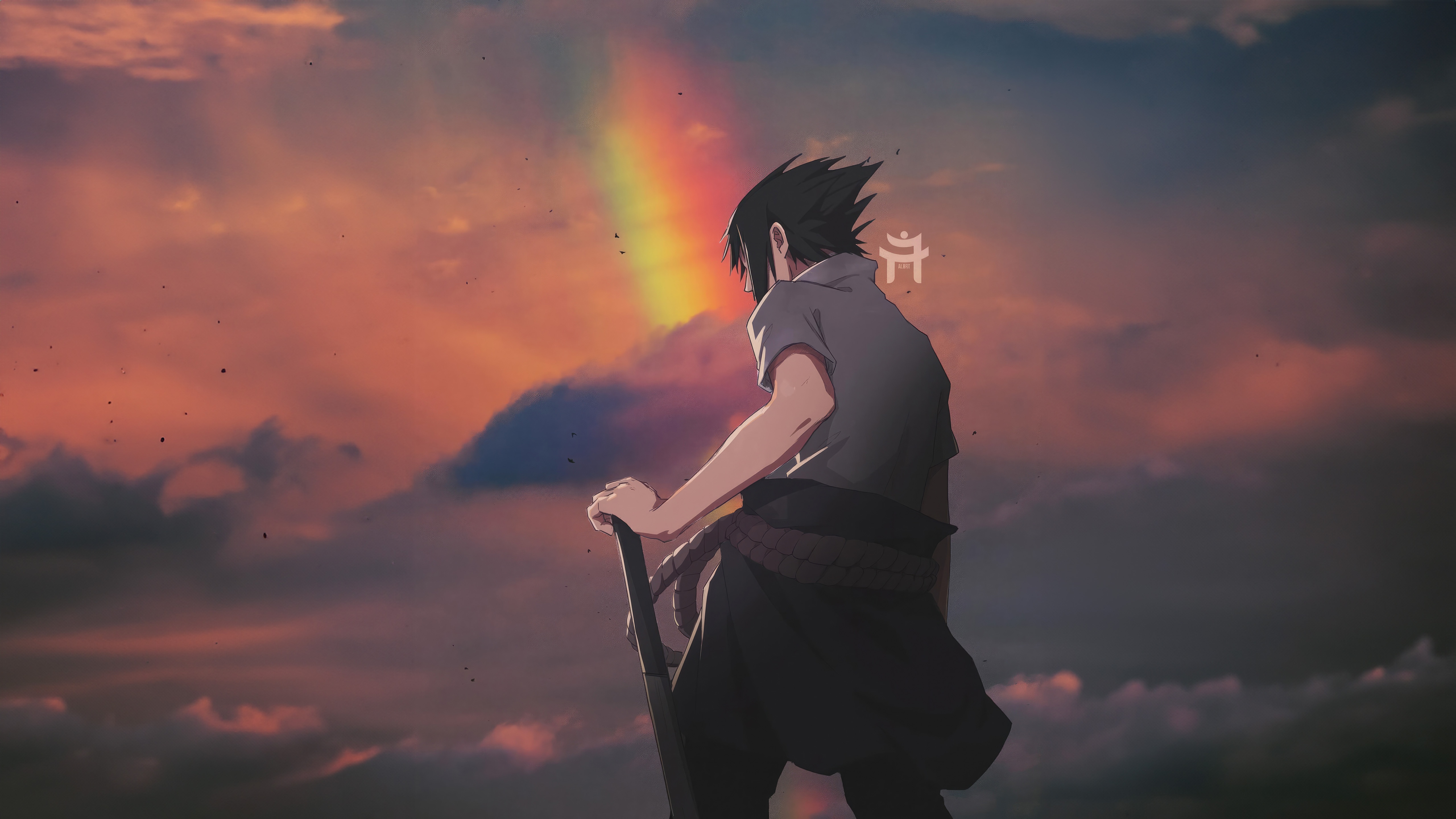 Sasuke Uchiha looks at a rainbow in the sky HD Wallpaper