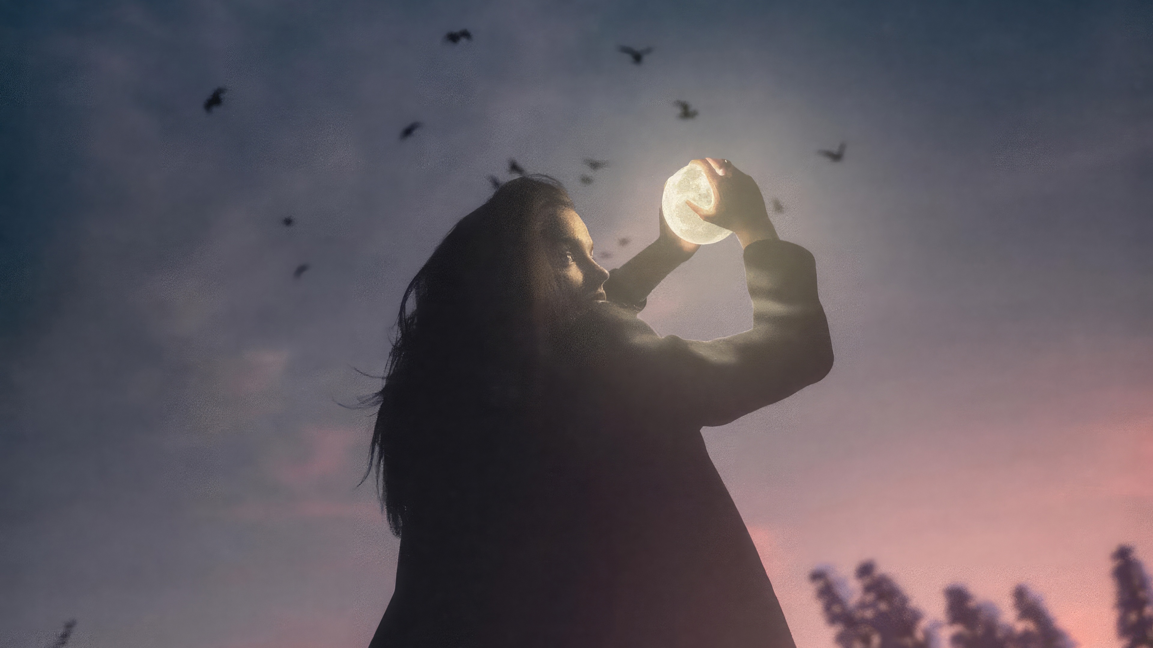 Girl holding the moon with birds flying HD Wallpaper