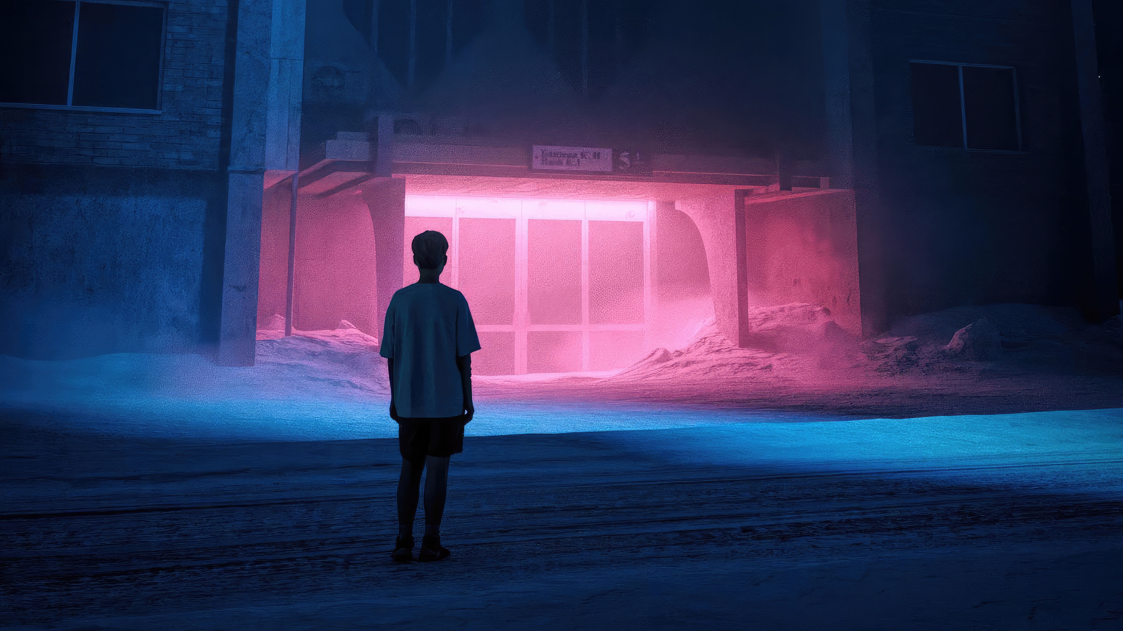 Person standing in front of a pink glowing entrance HD Wallpaper