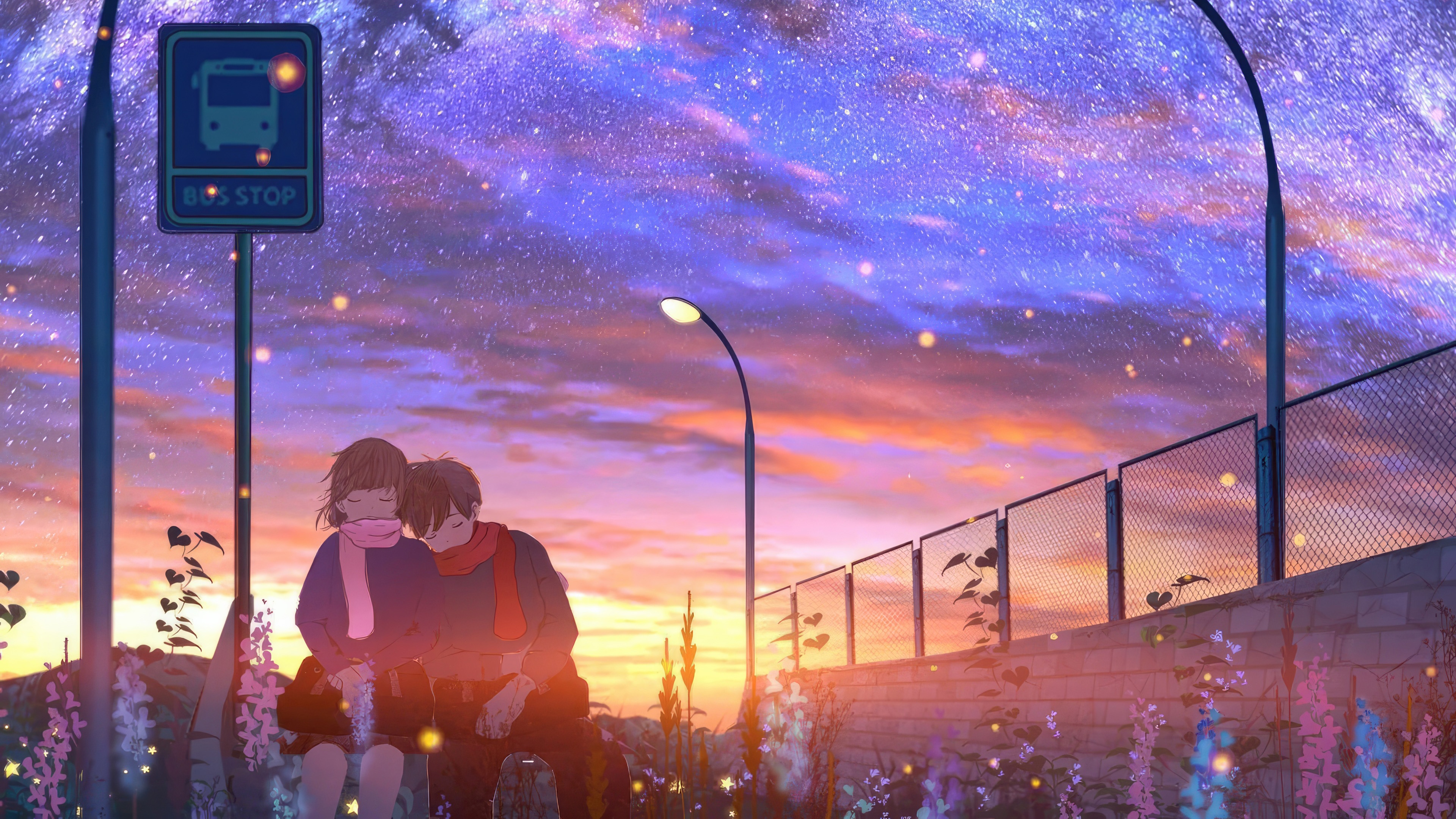 Couple sitting at a bus stop under a starry sky HD Wallpaper