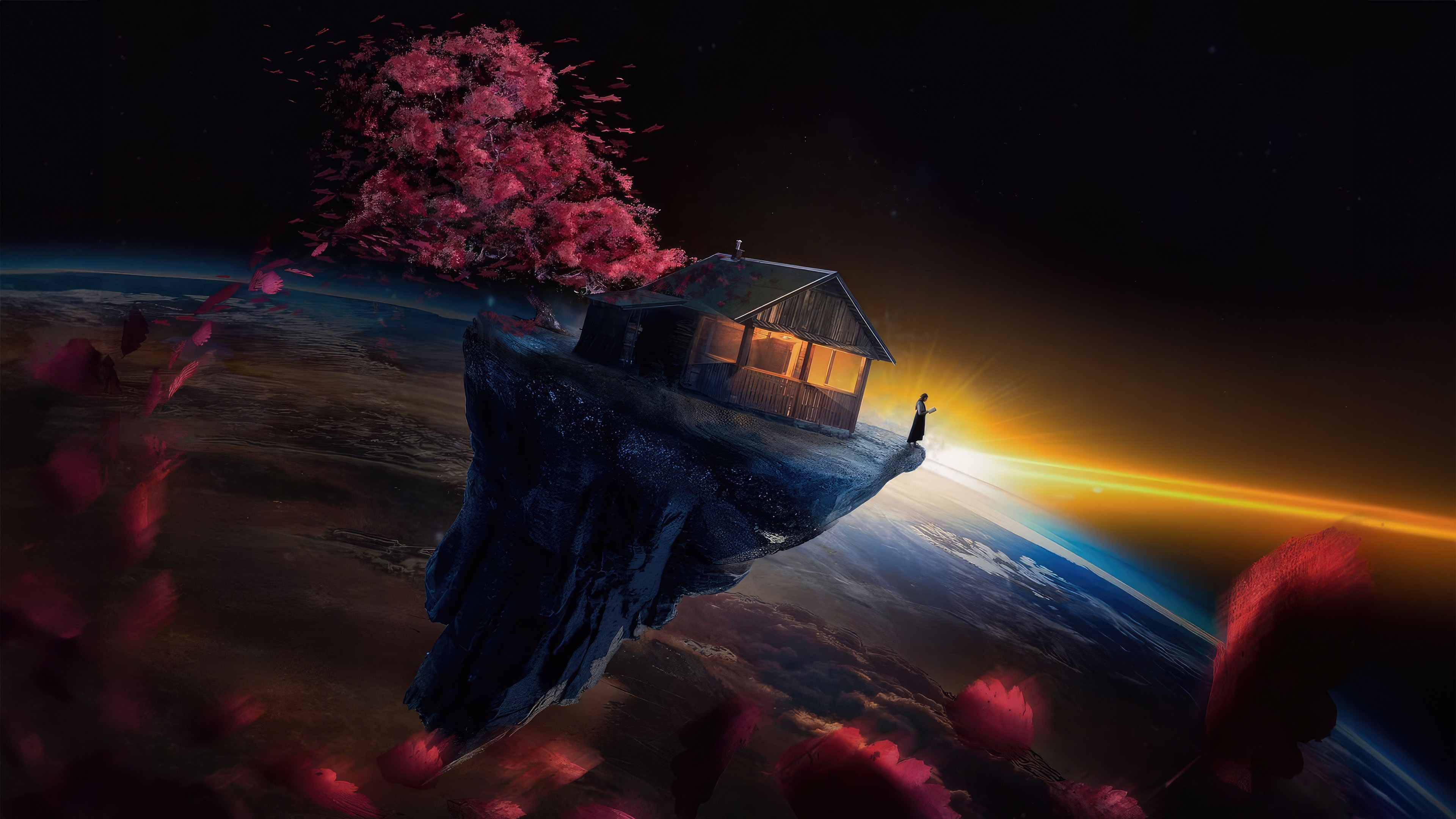 A lone figure stands on a floating island in space HD Wallpaper