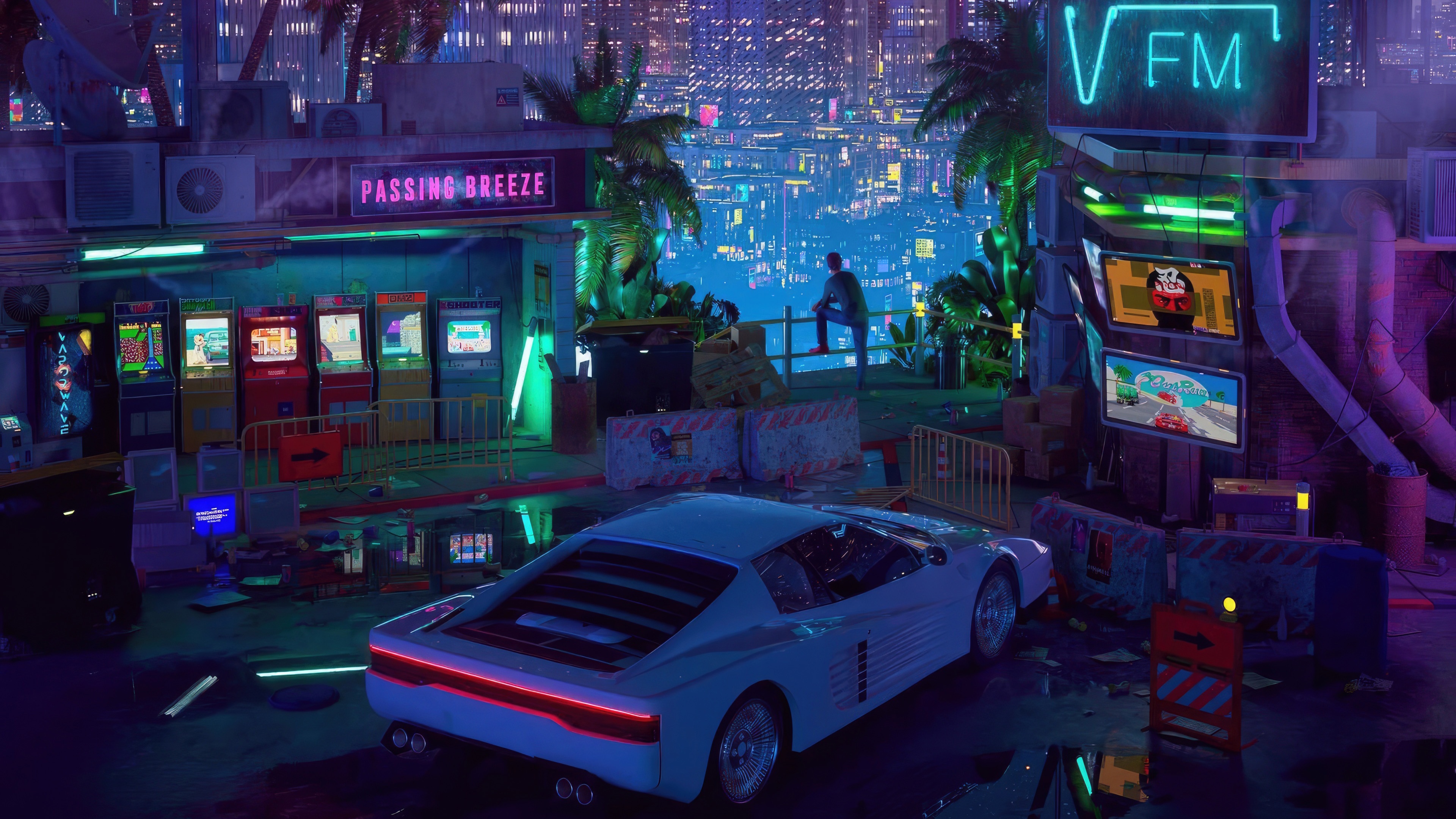 Neon Cityscape with Retro Arcade and Sports Car HD Wallpaper