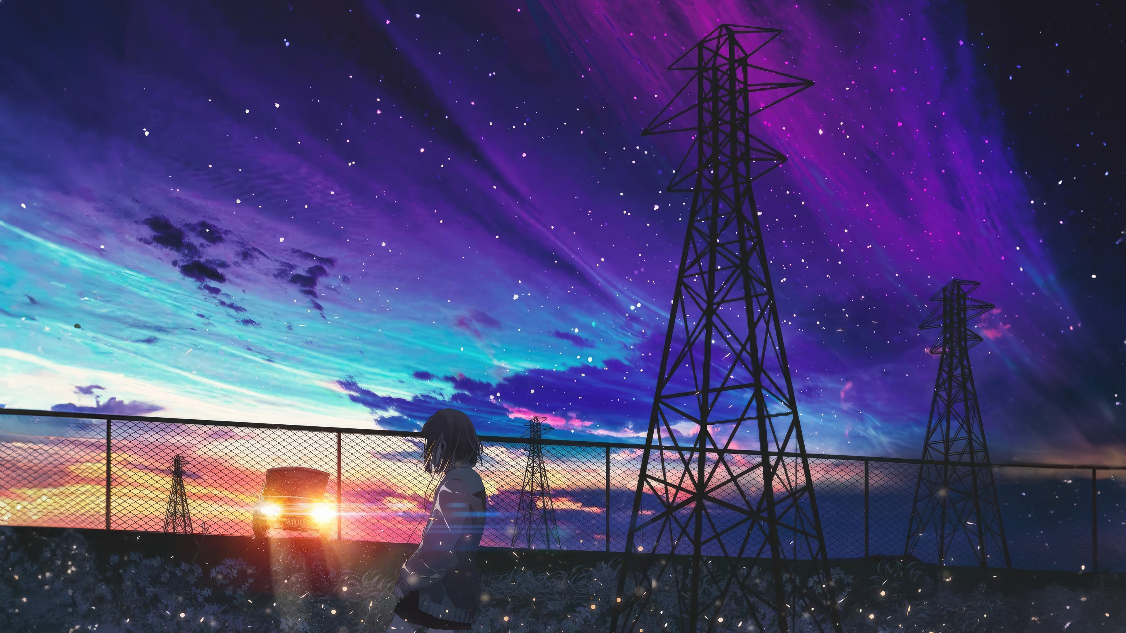 Girl by power lines under a starry sky HD Wallpaper