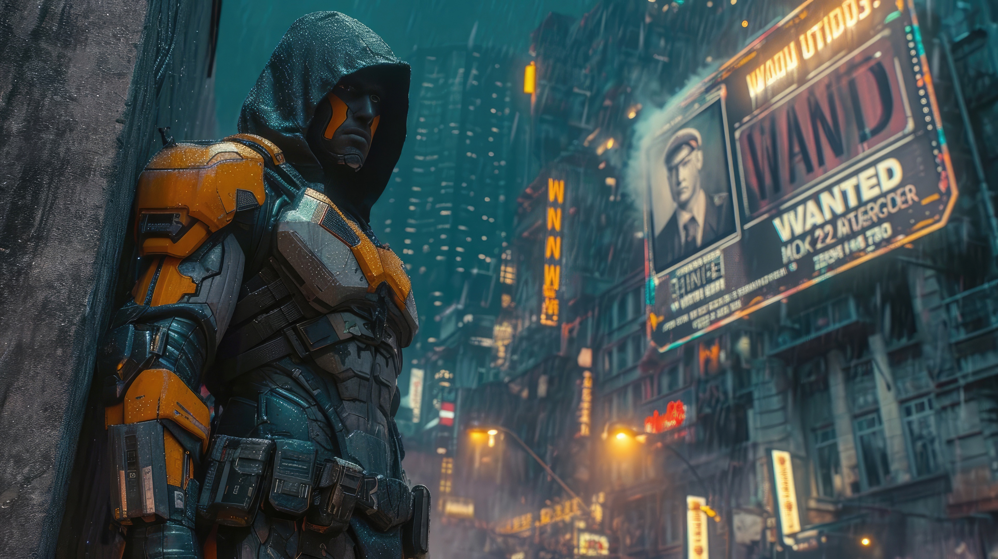 Futuristic Vigilante in a Rainy Cyberpunk City HD Wallpaper