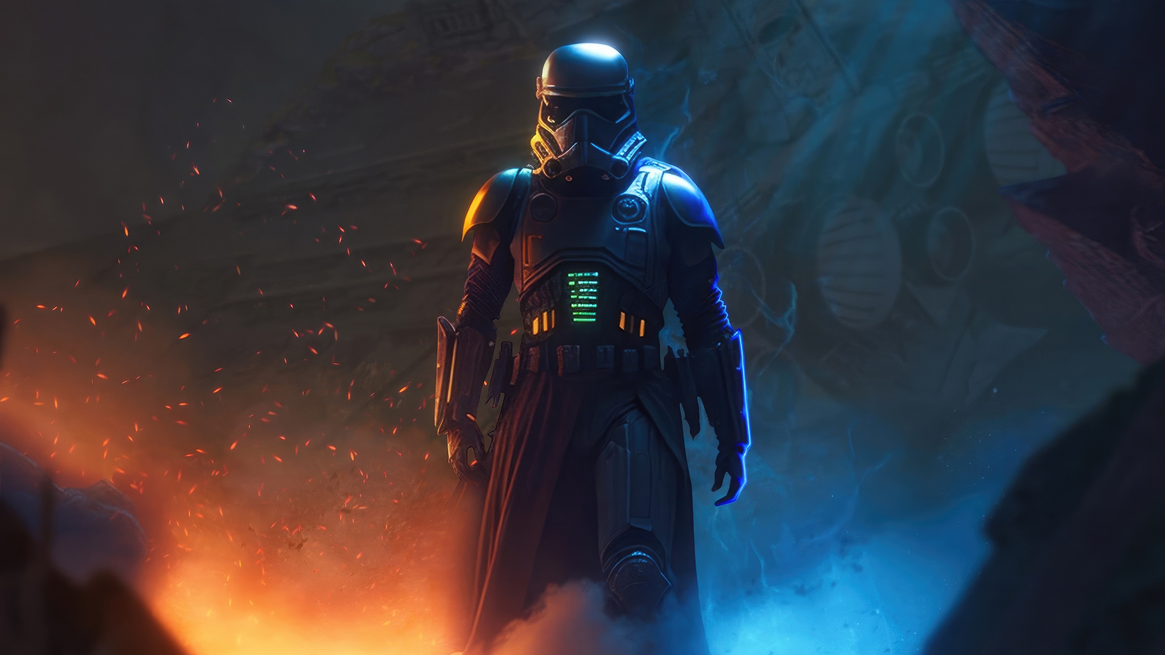 Dark Trooper from Star Wars in a fiery and blue environment HD Wallpaper