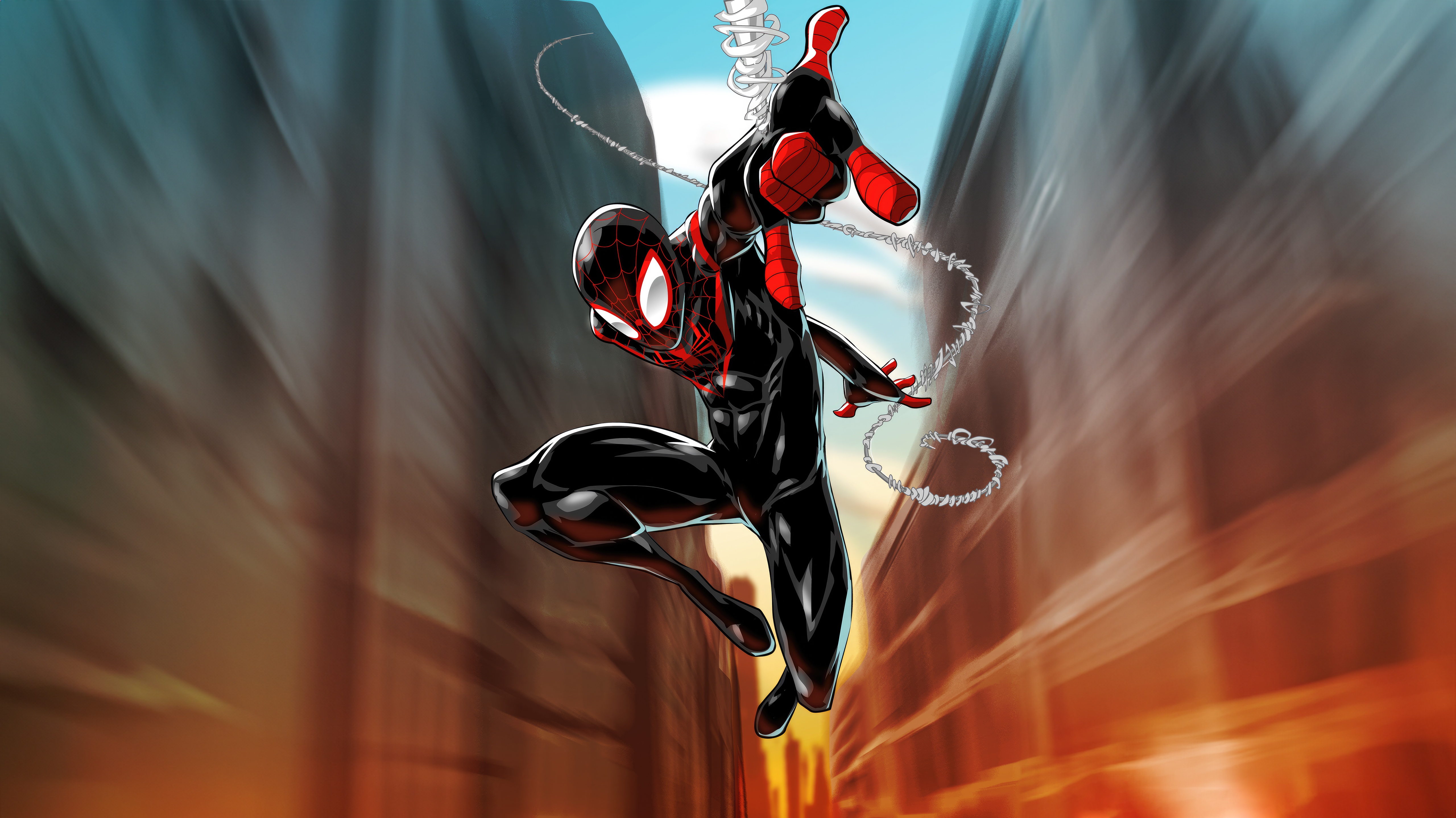 Miles Morales Swinging Through City HD Wallpaper