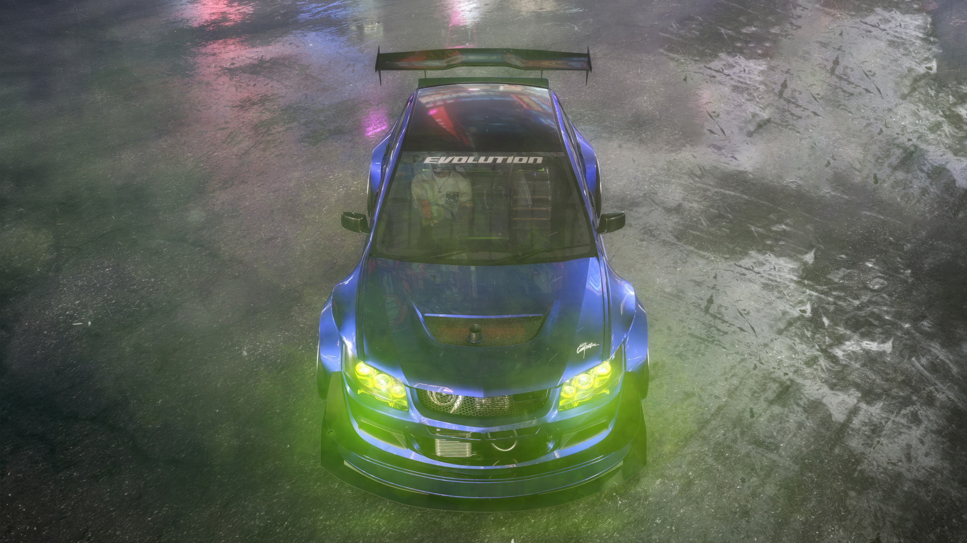 Blue Mitsubishi Lancer Evolution with Green Headlights HD Wallpaper