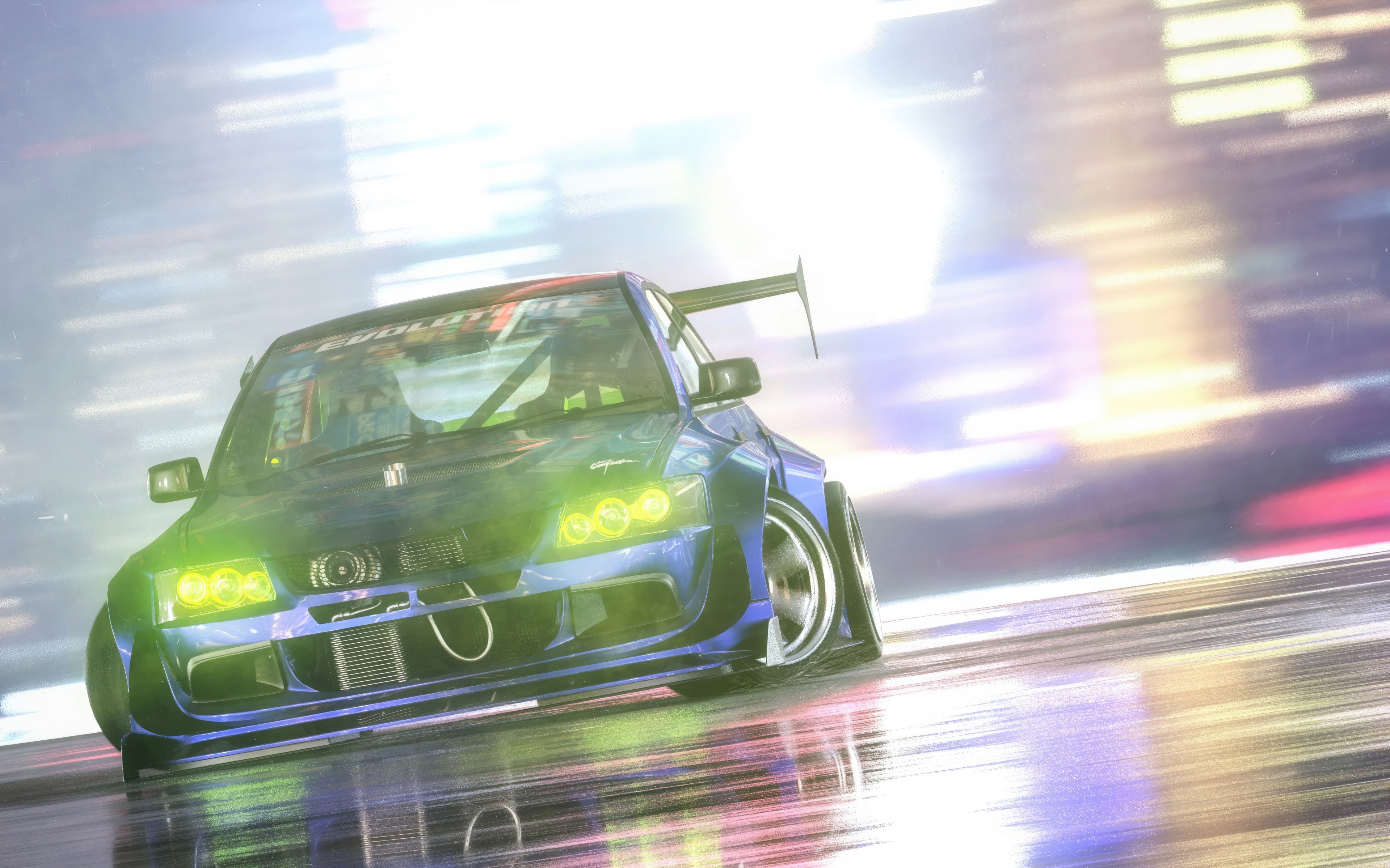 Blue Lancer Evolution Drifting on Wet Road HD Wallpaper