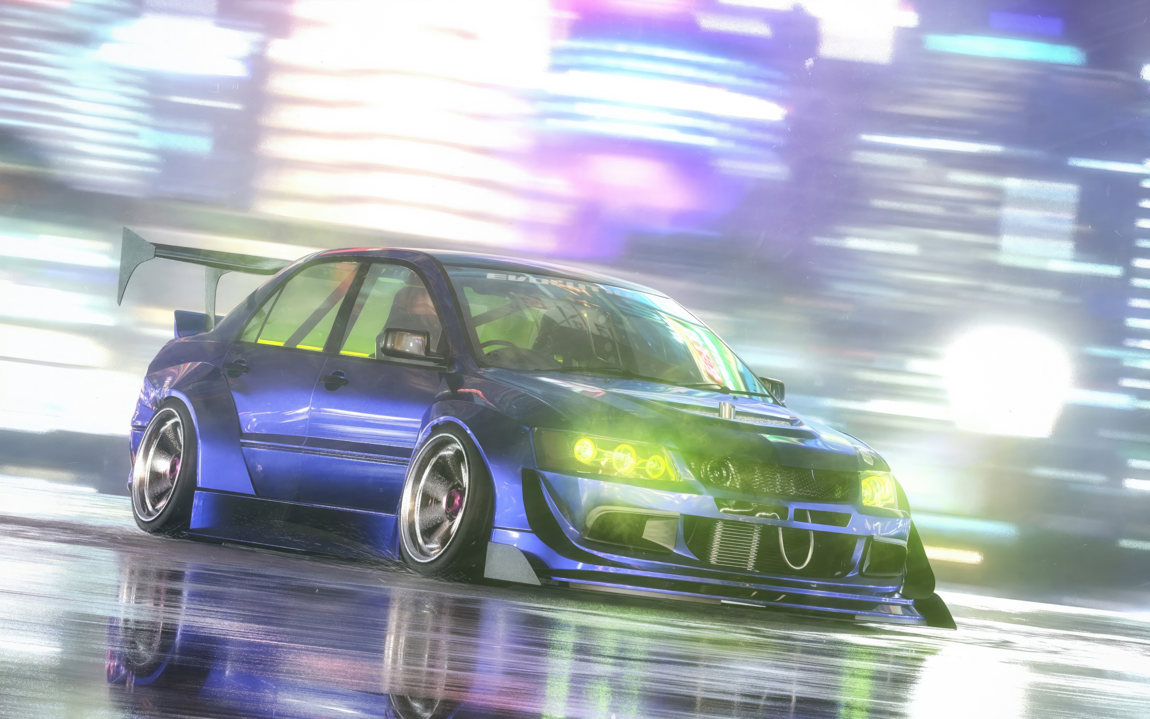 Blue Mitsubishi Lancer Evolution with Neon City Background HD Wallpaper