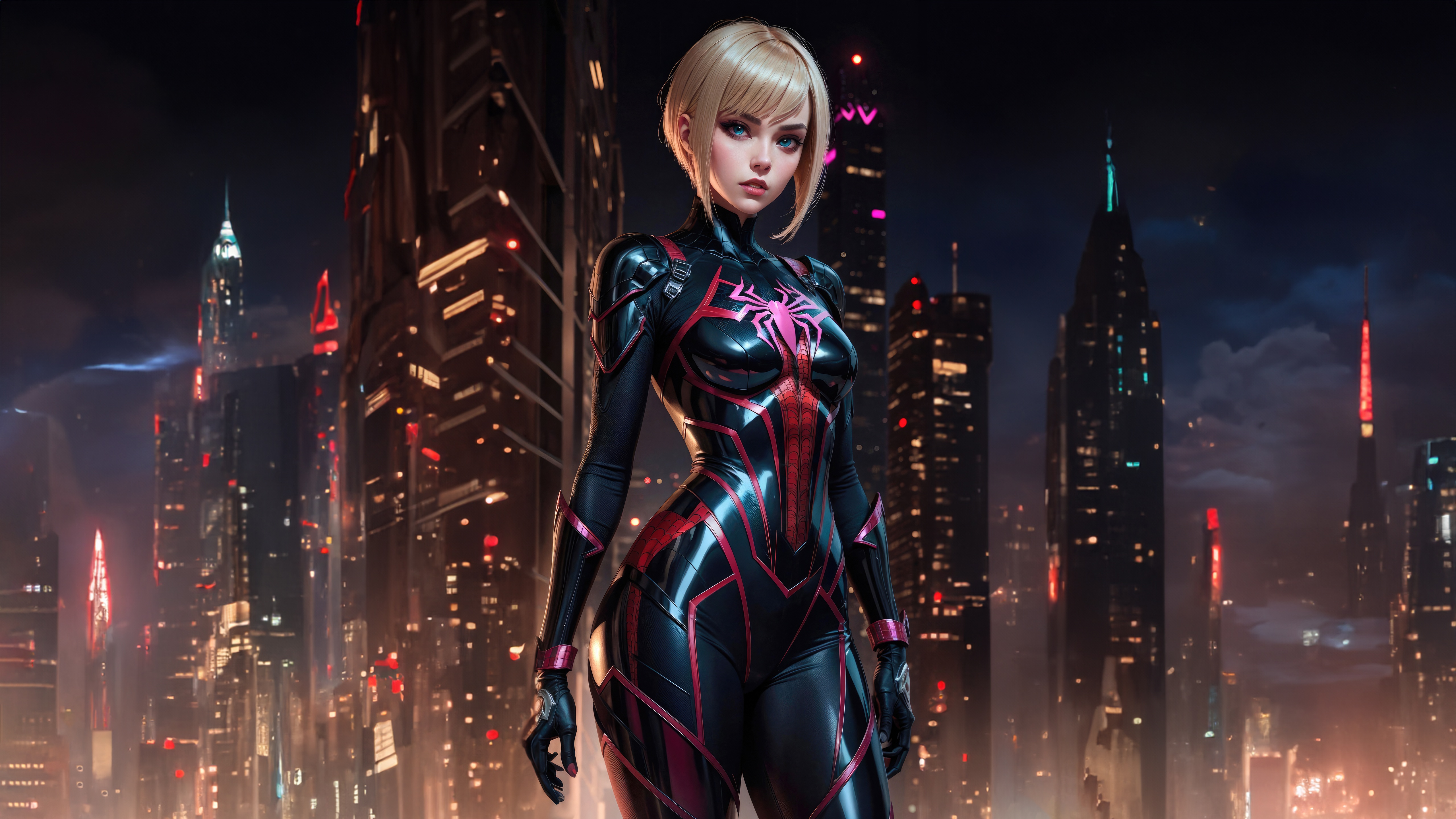 Spider Gwen from Earth 9767 in a futuristic city HD Wallpaper