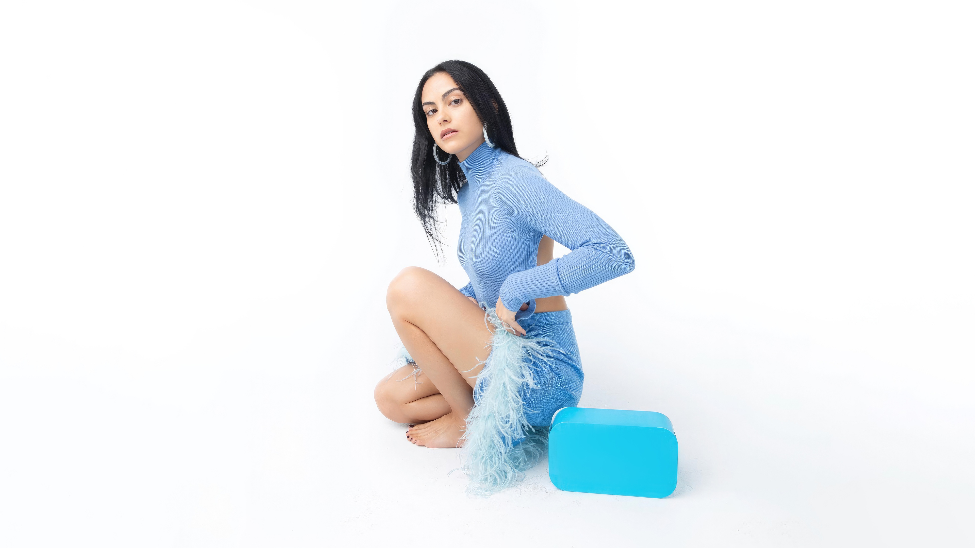Camila Mendes in Blue Outfit with Feathers HD Wallpaper