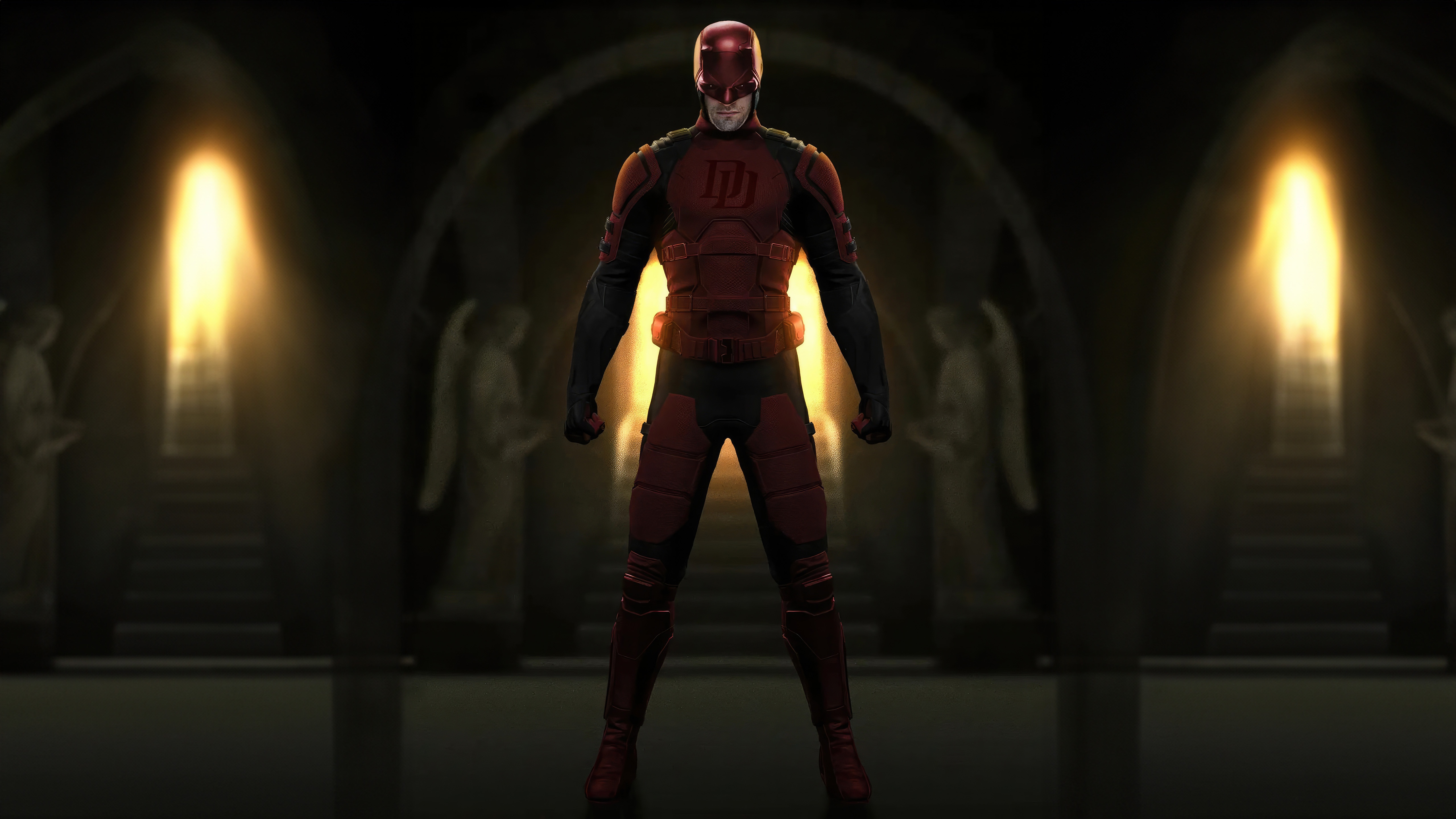 Daredevil in a Dark Hallway with Angel Statues HD Wallpaper