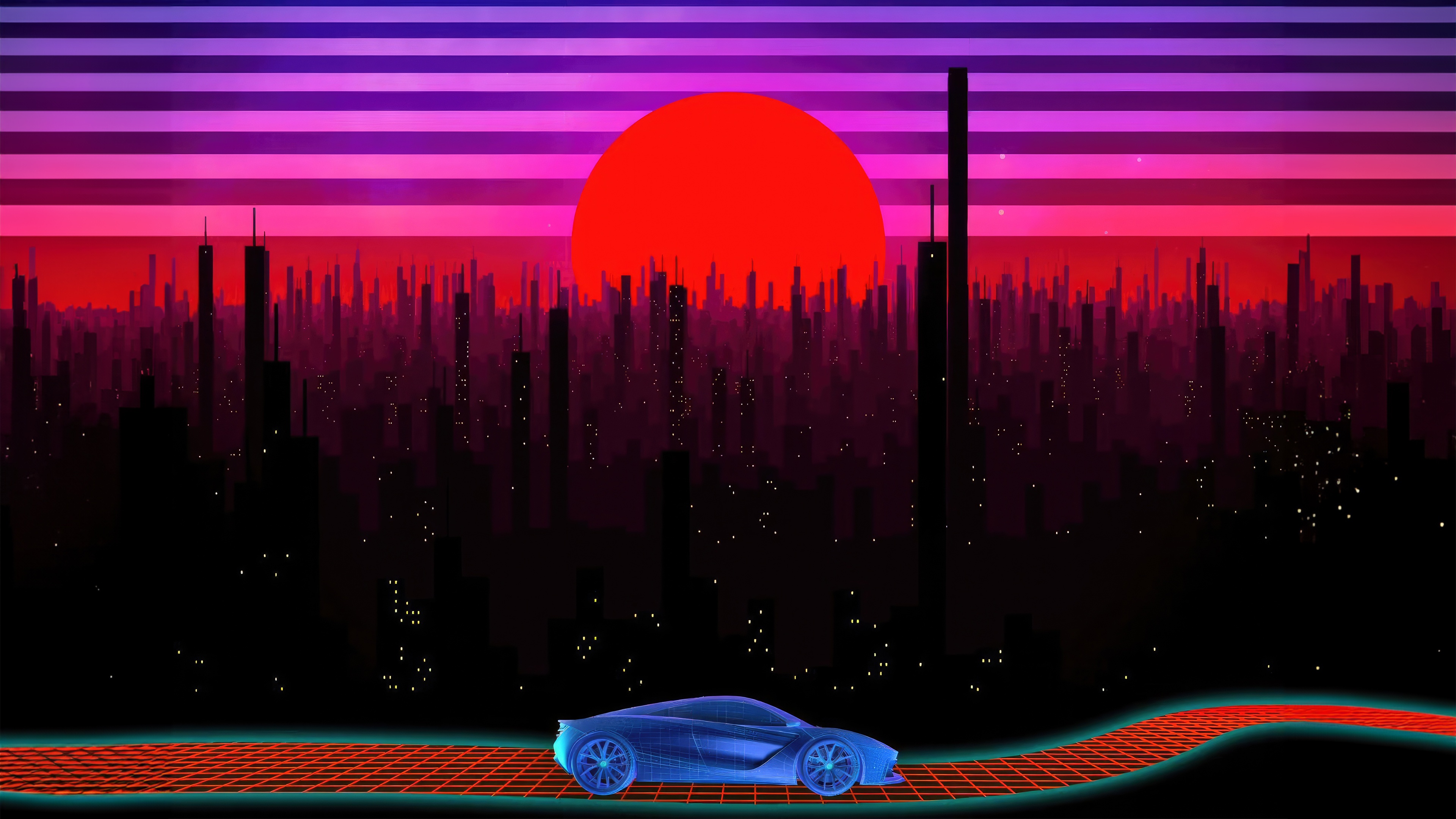 Cyberpunk Cityscape with a Wireframe Sports Car HD Wallpaper