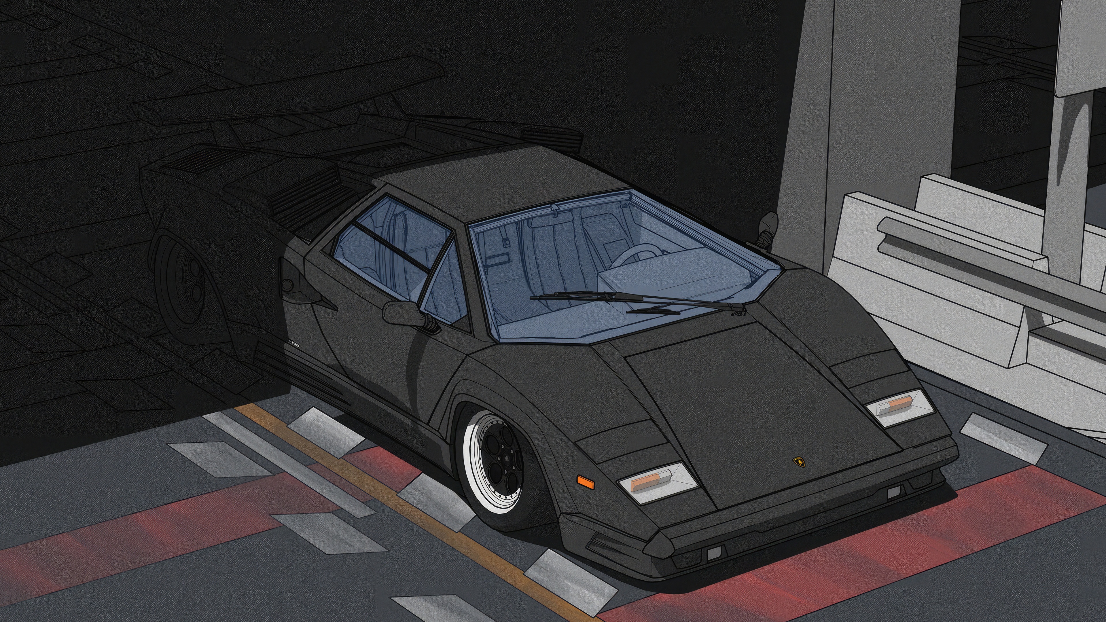 Black Lamborghini Countach parked in a dark area HD Wallpaper