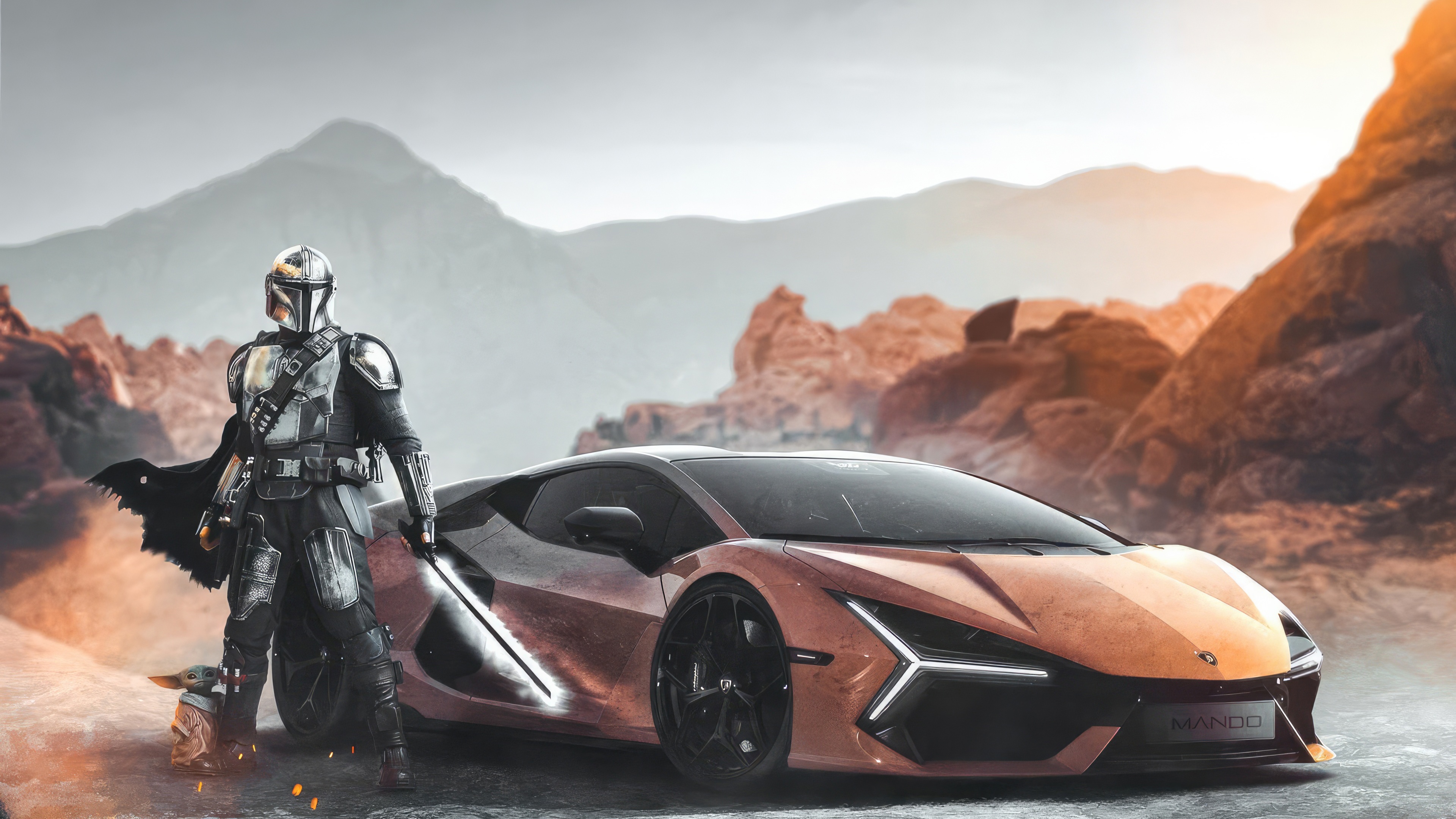 The Mandalorian and Grogu with a Lamborghini HD Wallpaper