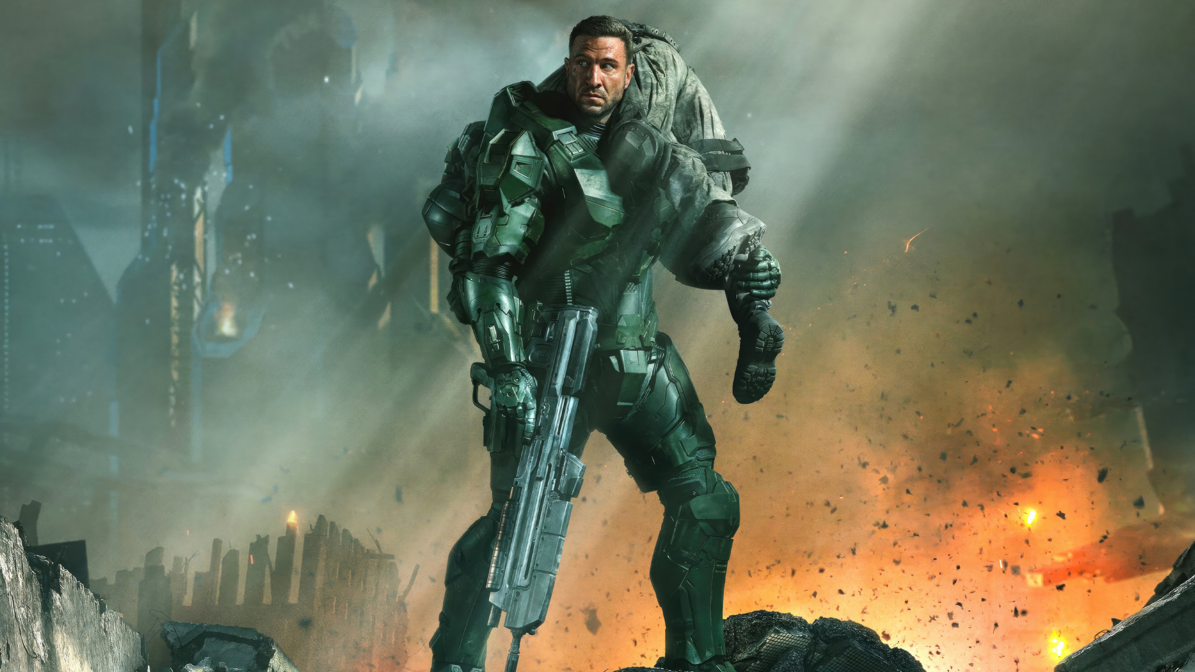 Master Chief carrying a wounded soldier HD Wallpaper