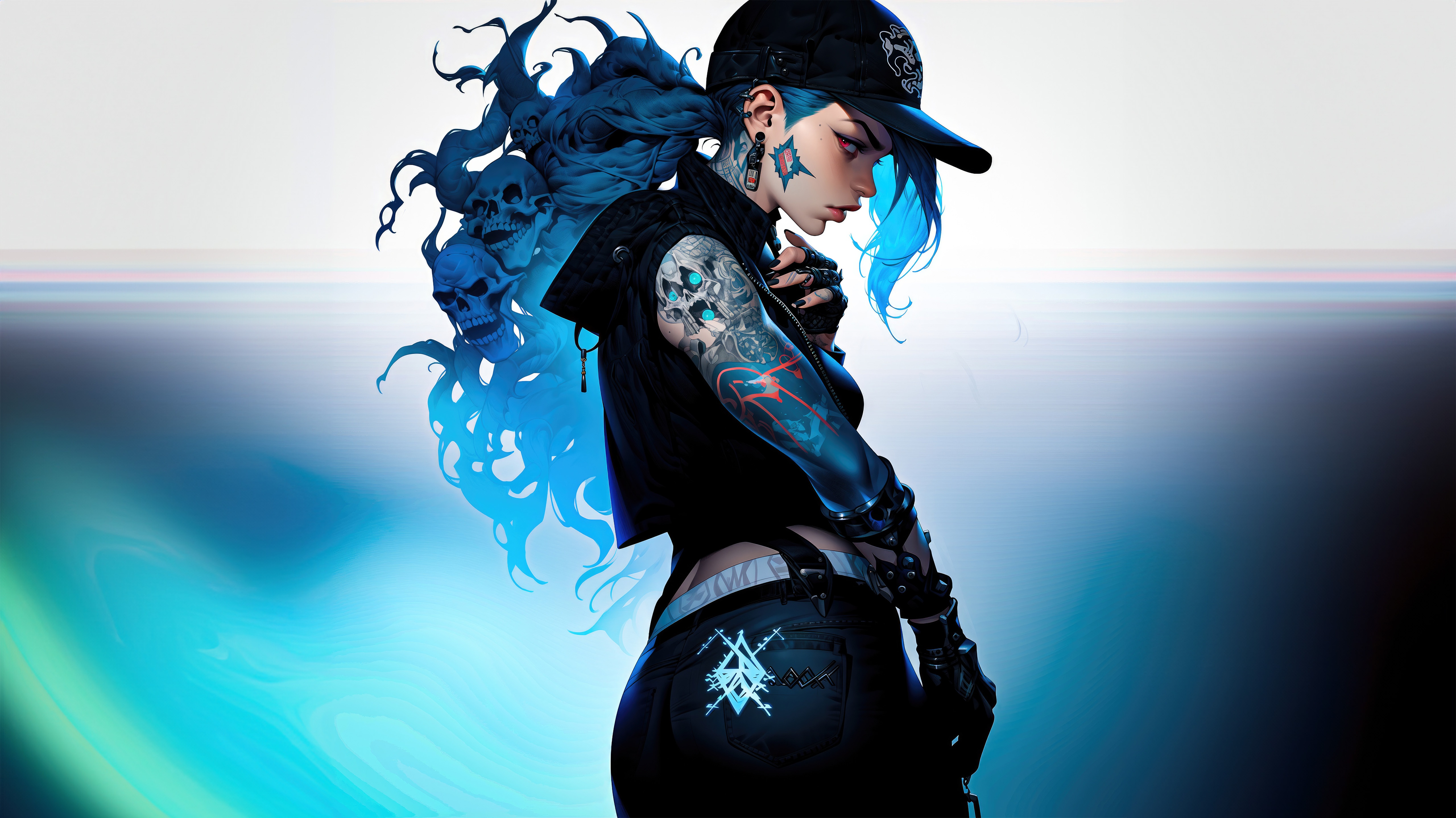 Tattooed Girl with Blue Hair and Skulls HD Wallpaper
