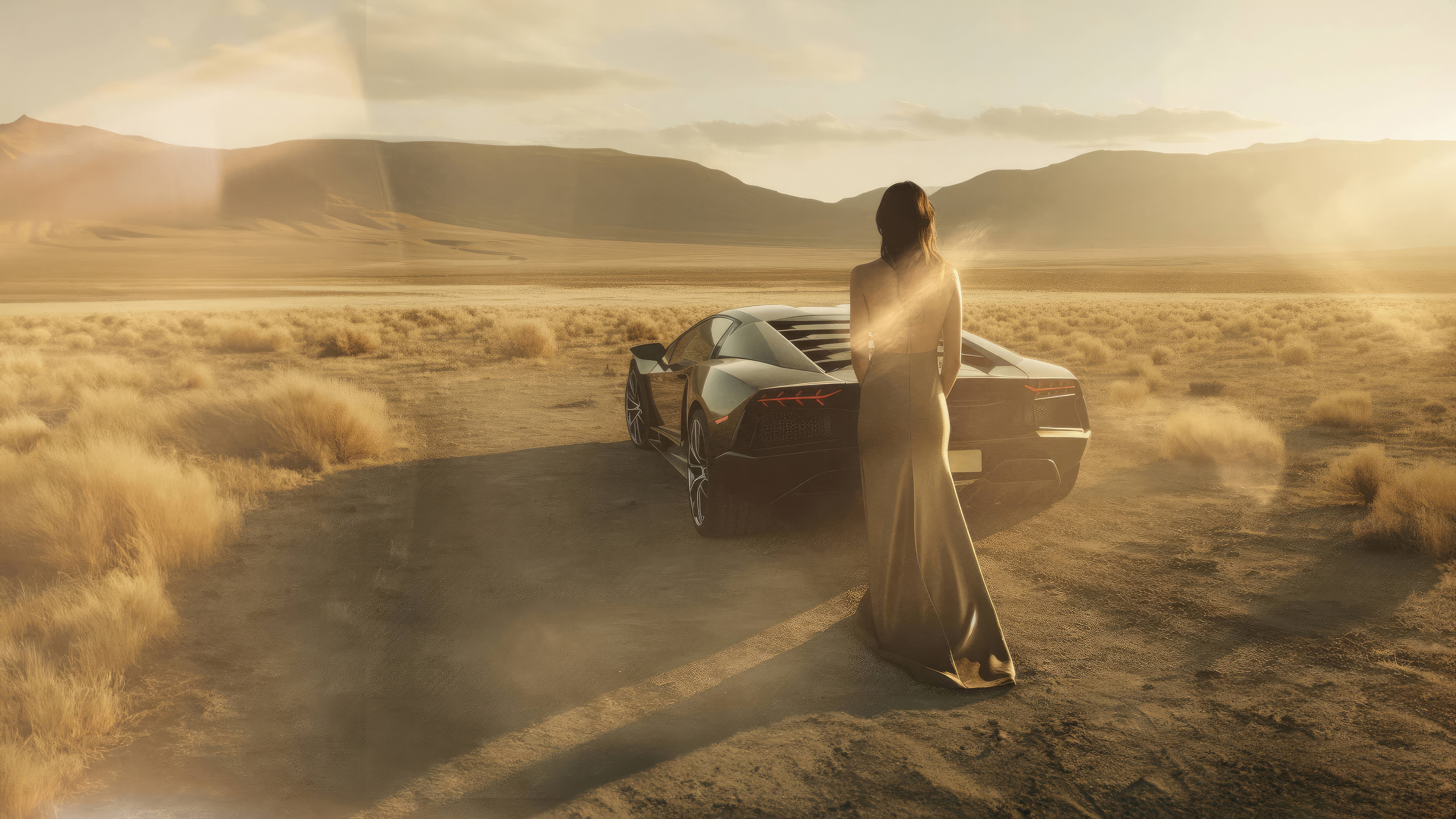 Woman in a dress with a Lamborghini in a desert HD Wallpaper