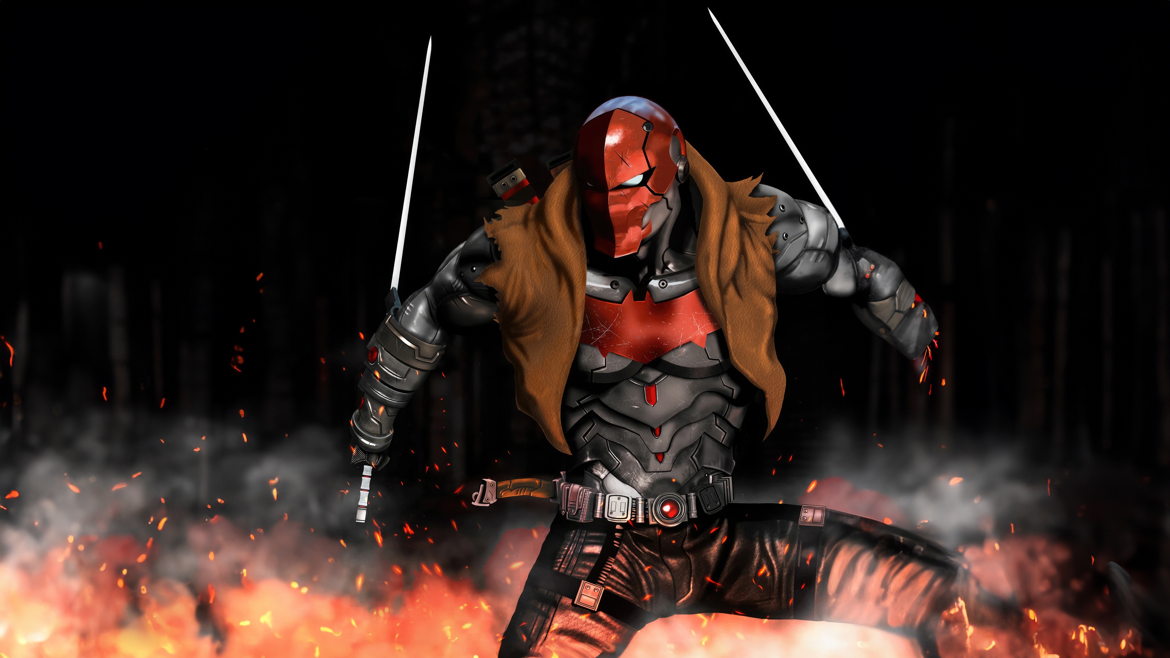Red Hood with swords amidst fire HD Wallpaper