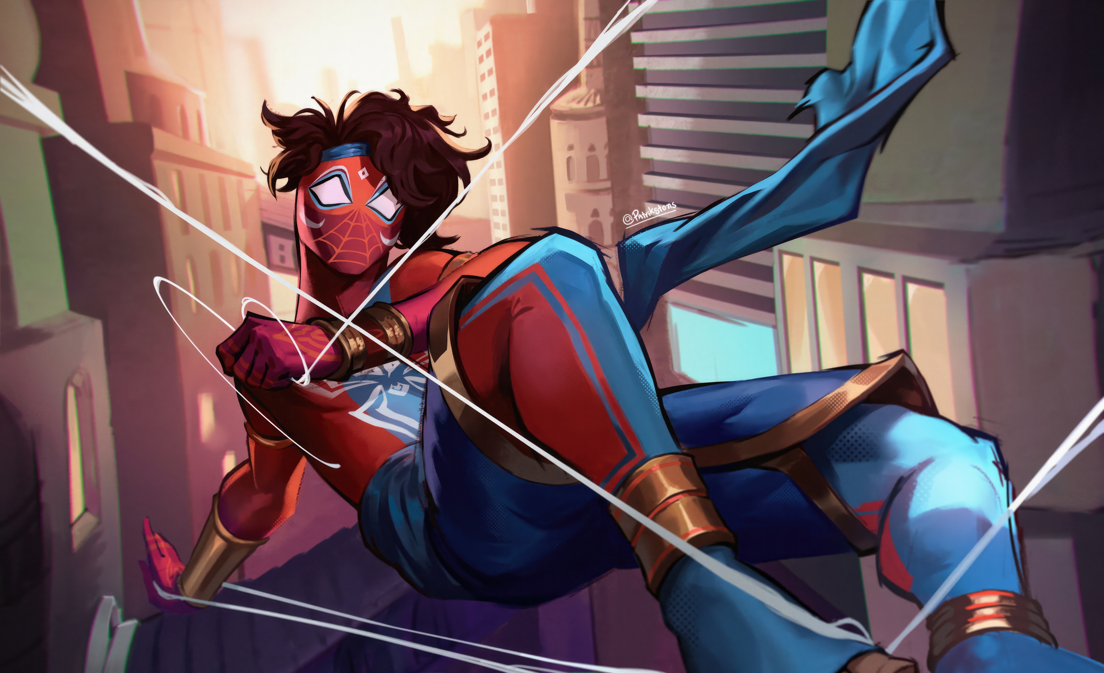 Spider-Man Pavitr Prabhakar swinging through a city HD Wallpaper