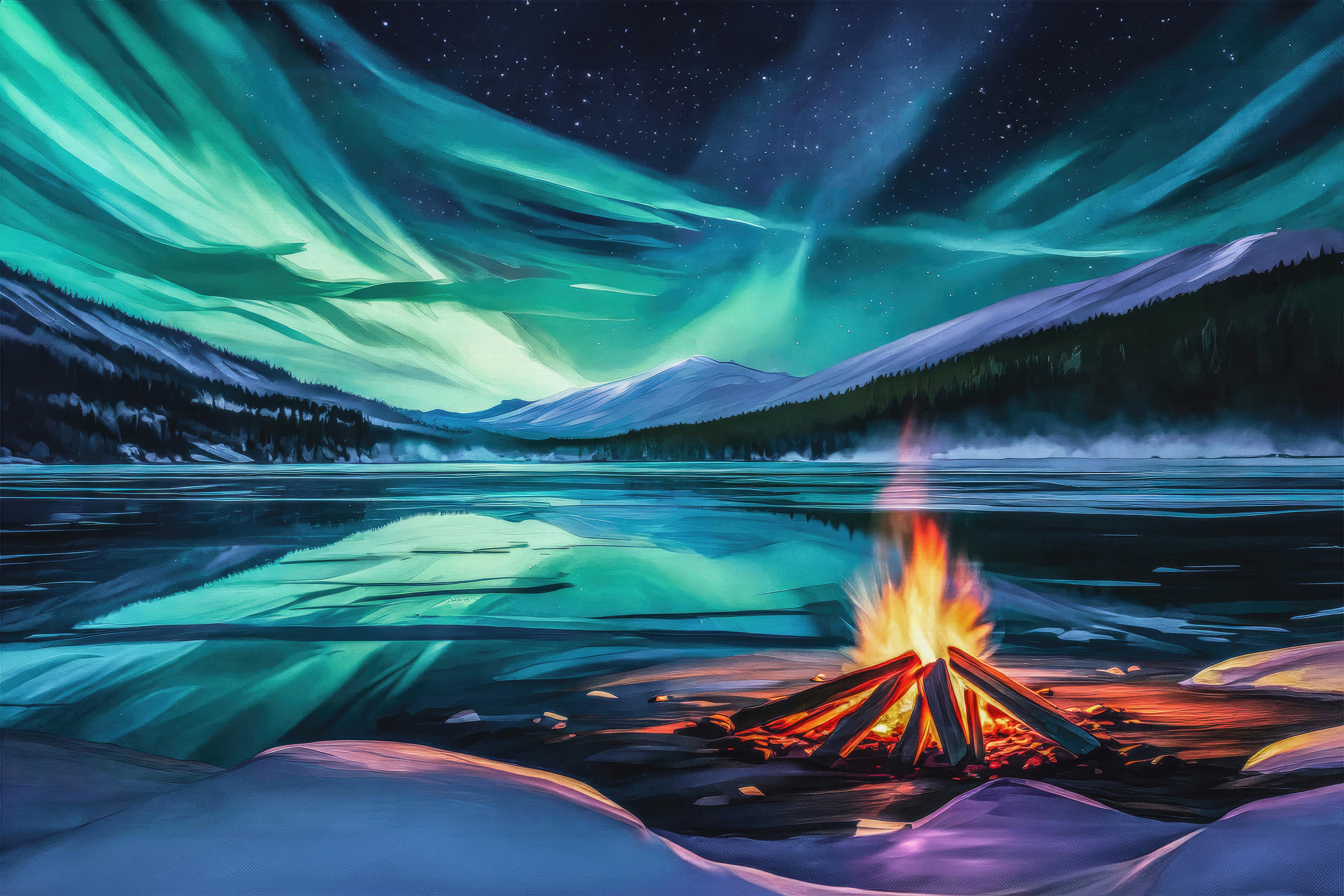 Campfire Under the Northern Lights HD Wallpaper