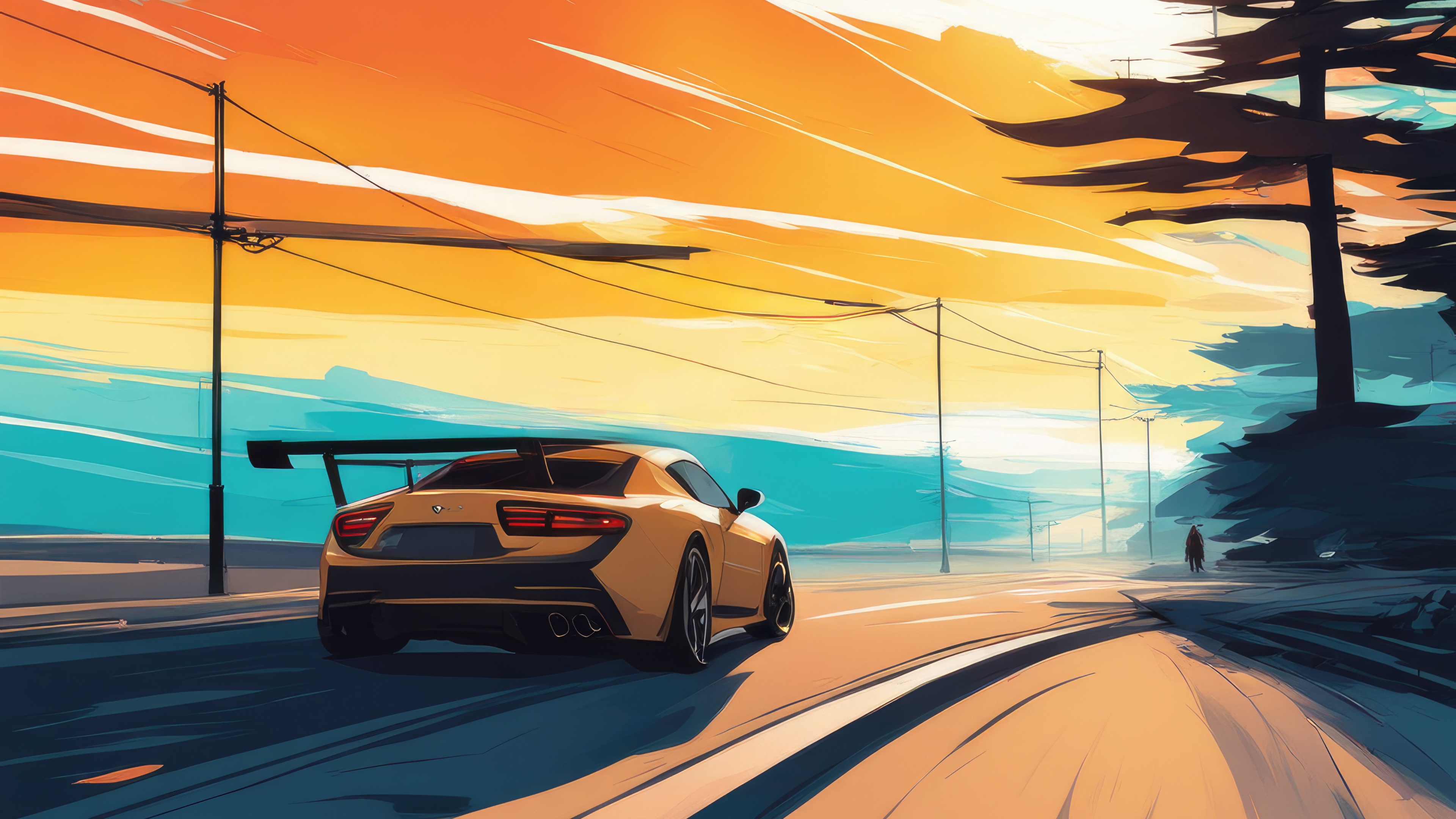 Yellow racing car on a road at sunset HD Wallpaper