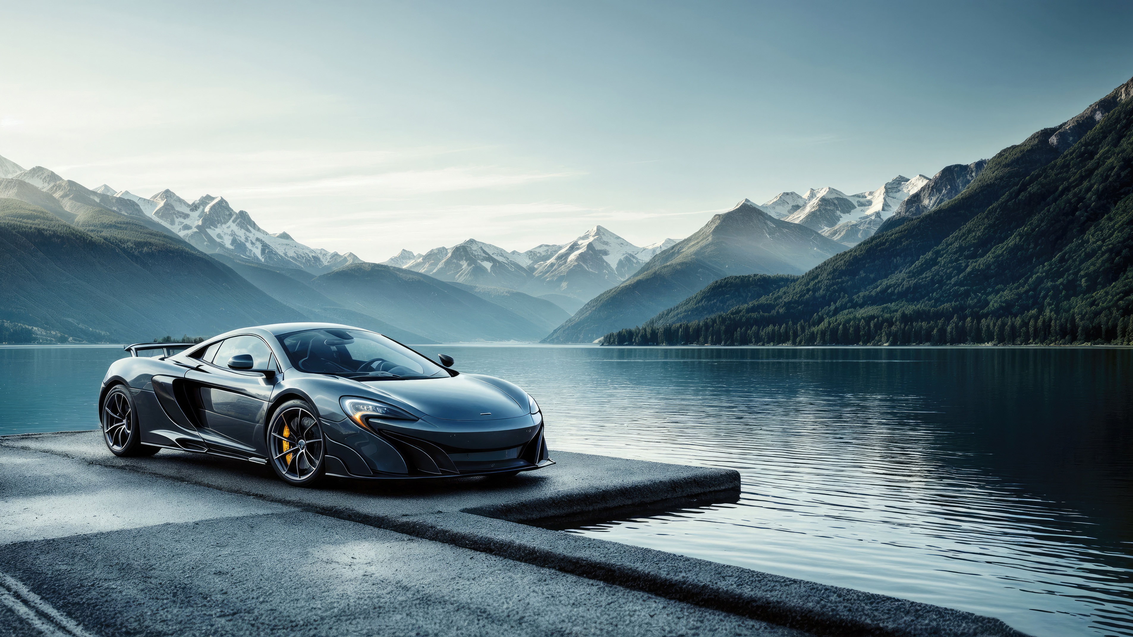 McLaren 675LT car parked by a lake with mountains HD Wallpaper