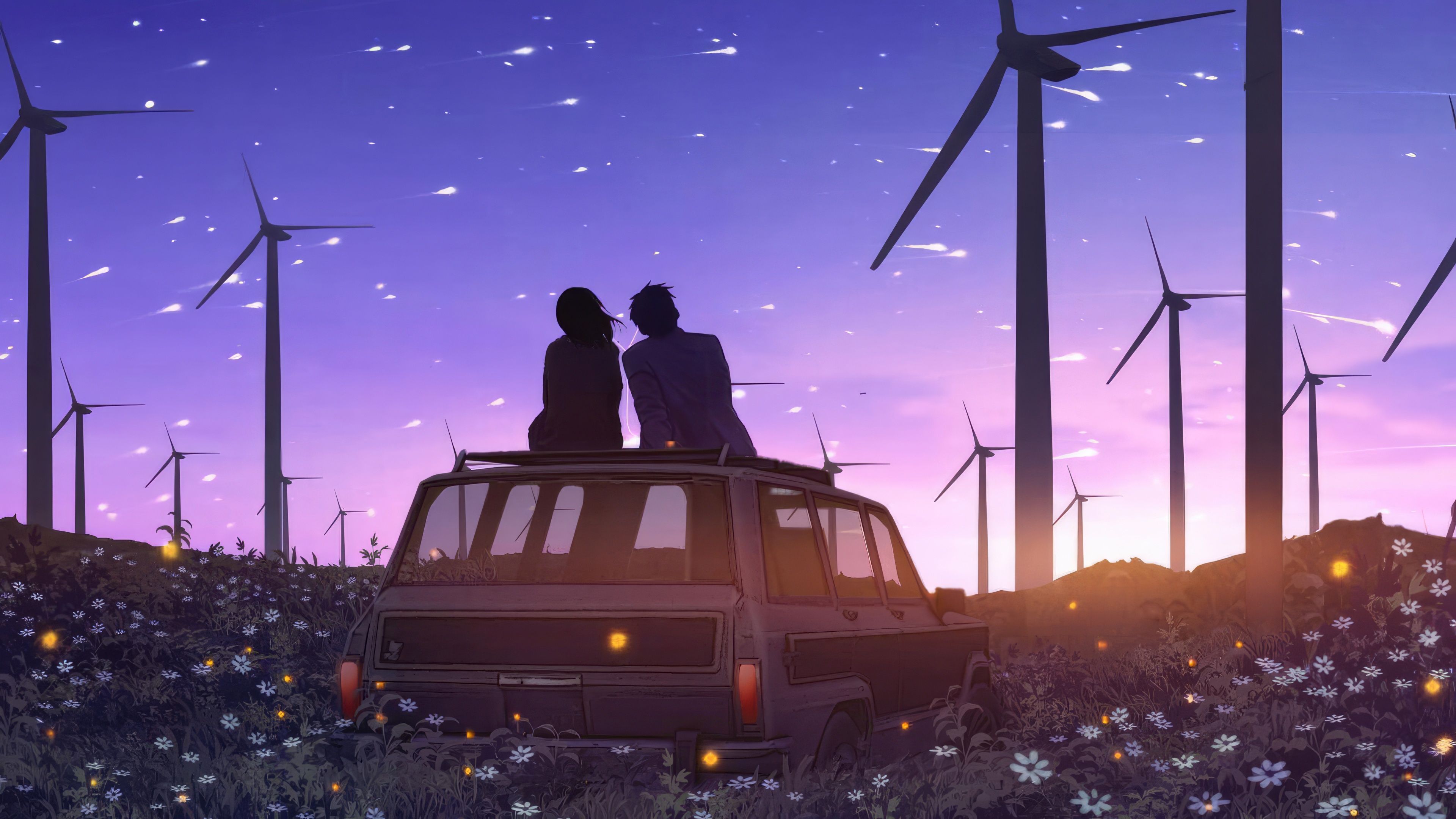 Couple watching wind turbines under starry sky HD Wallpaper