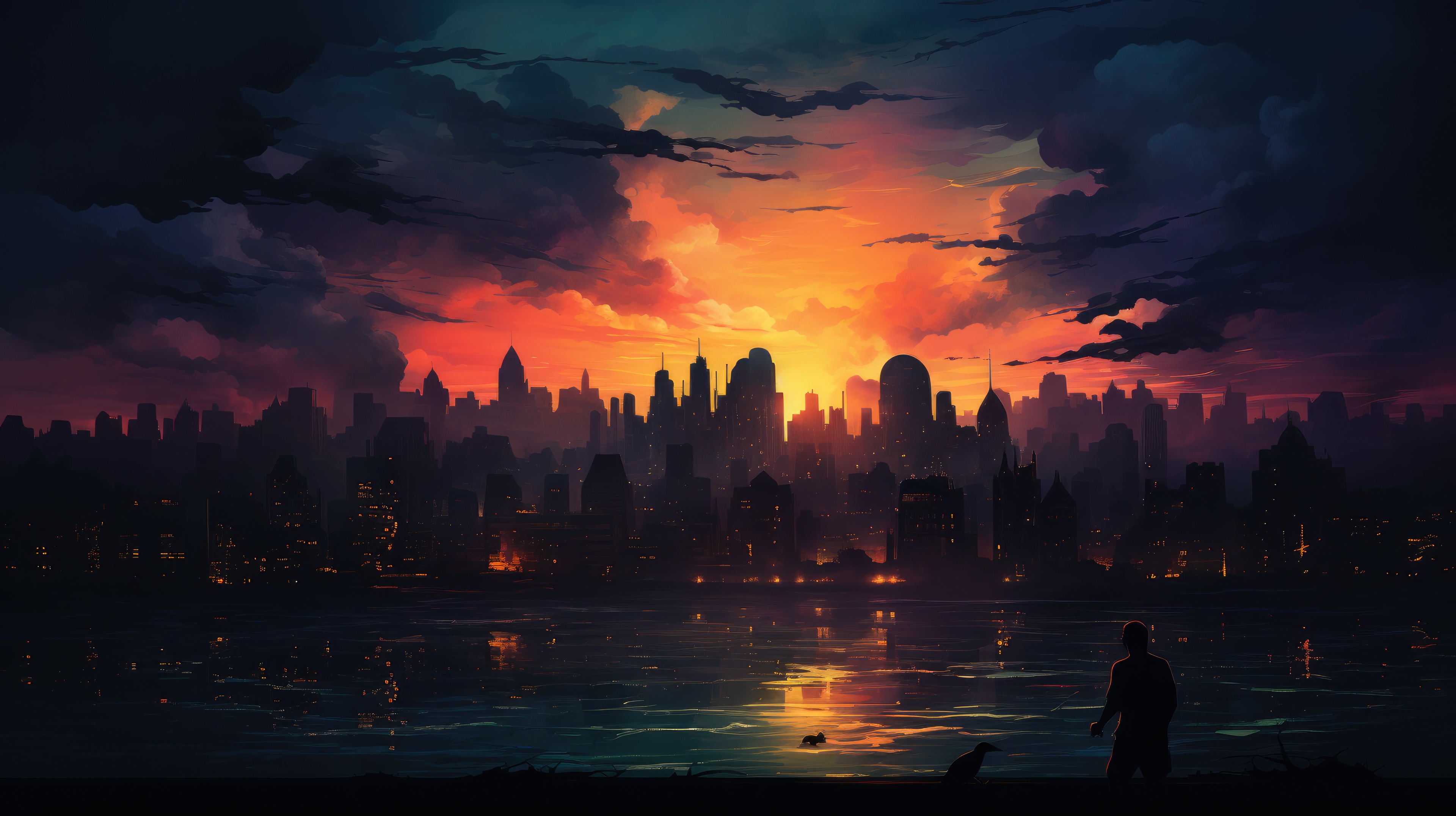 Cityscape at sunset with a lone figure HD Wallpaper