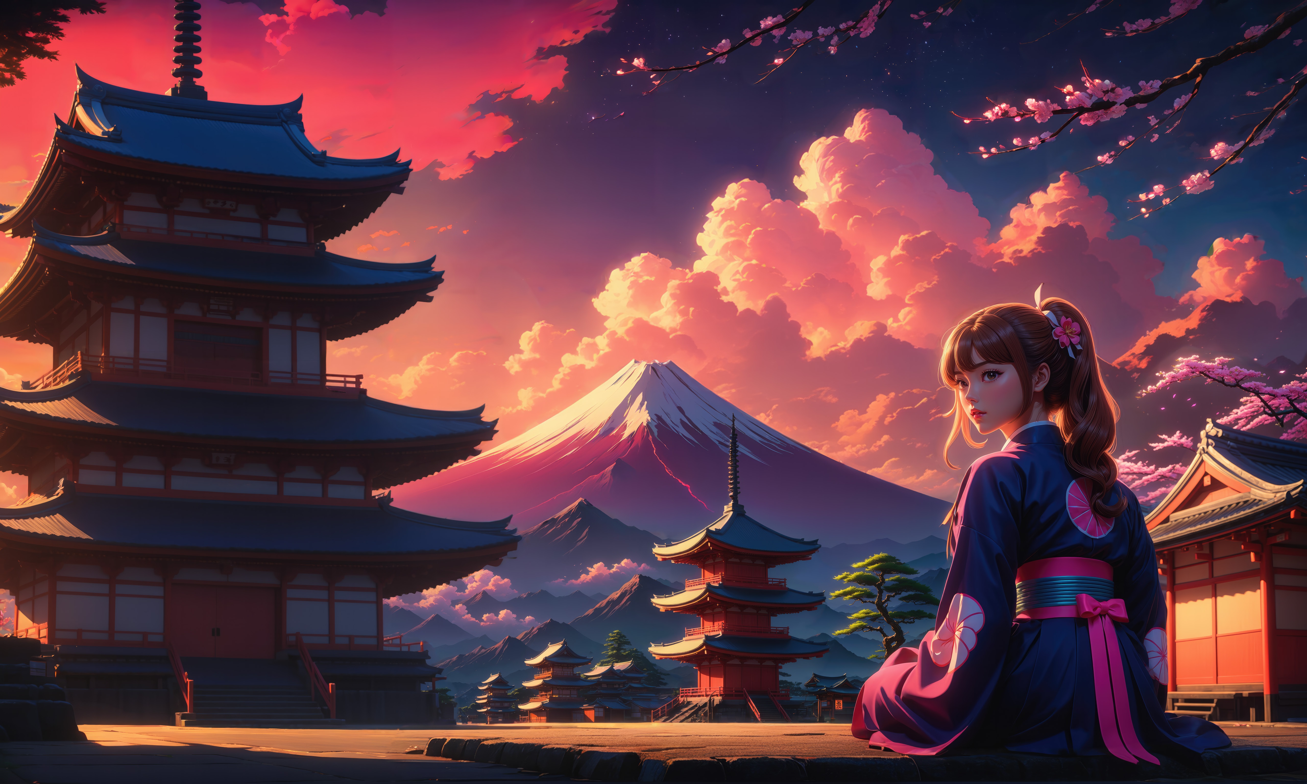 Anime girl in kimono with Mount Fuji and pagoda HD Wallpaper