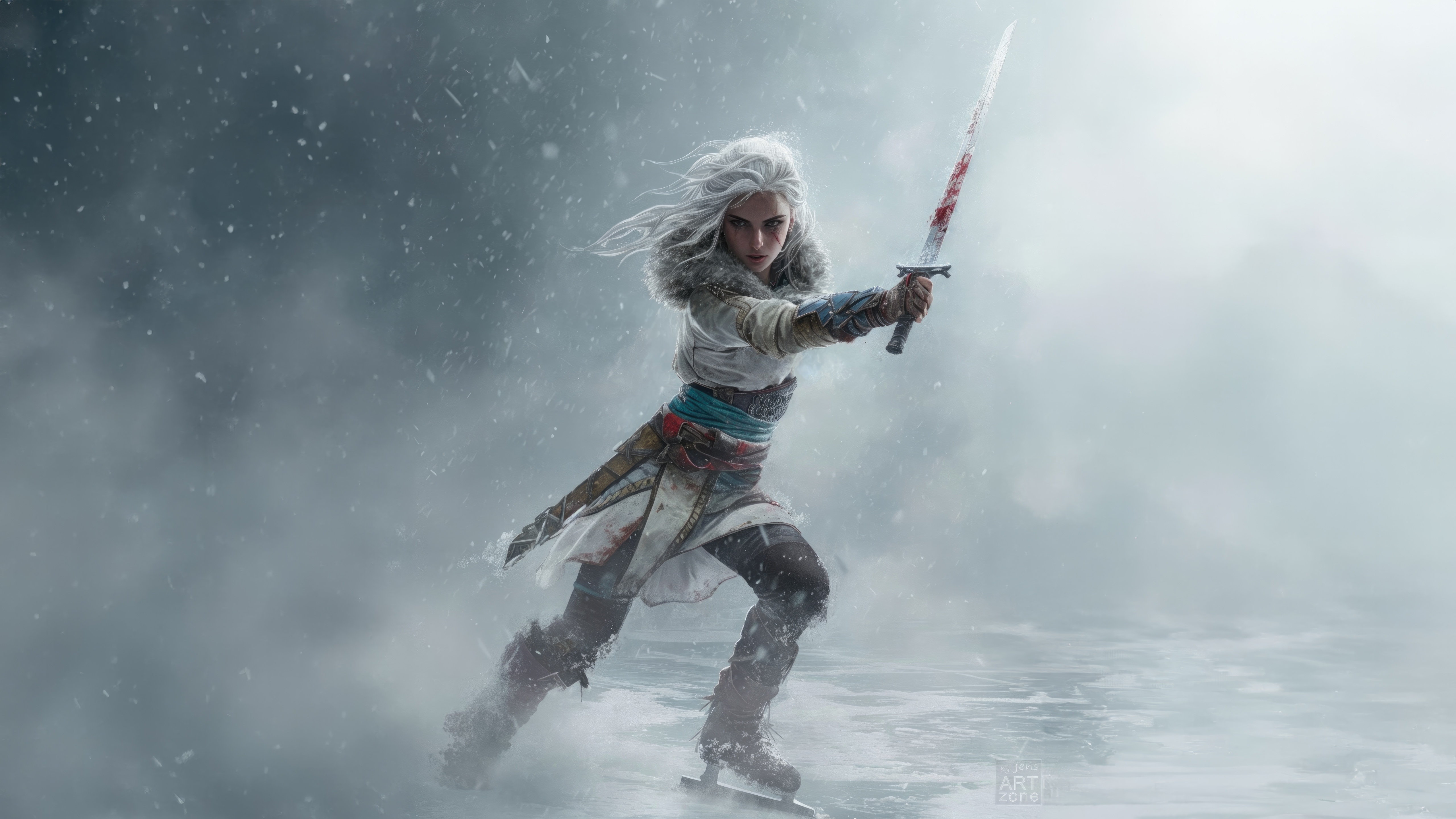 Ciri on ice with a bloody sword HD Wallpaper