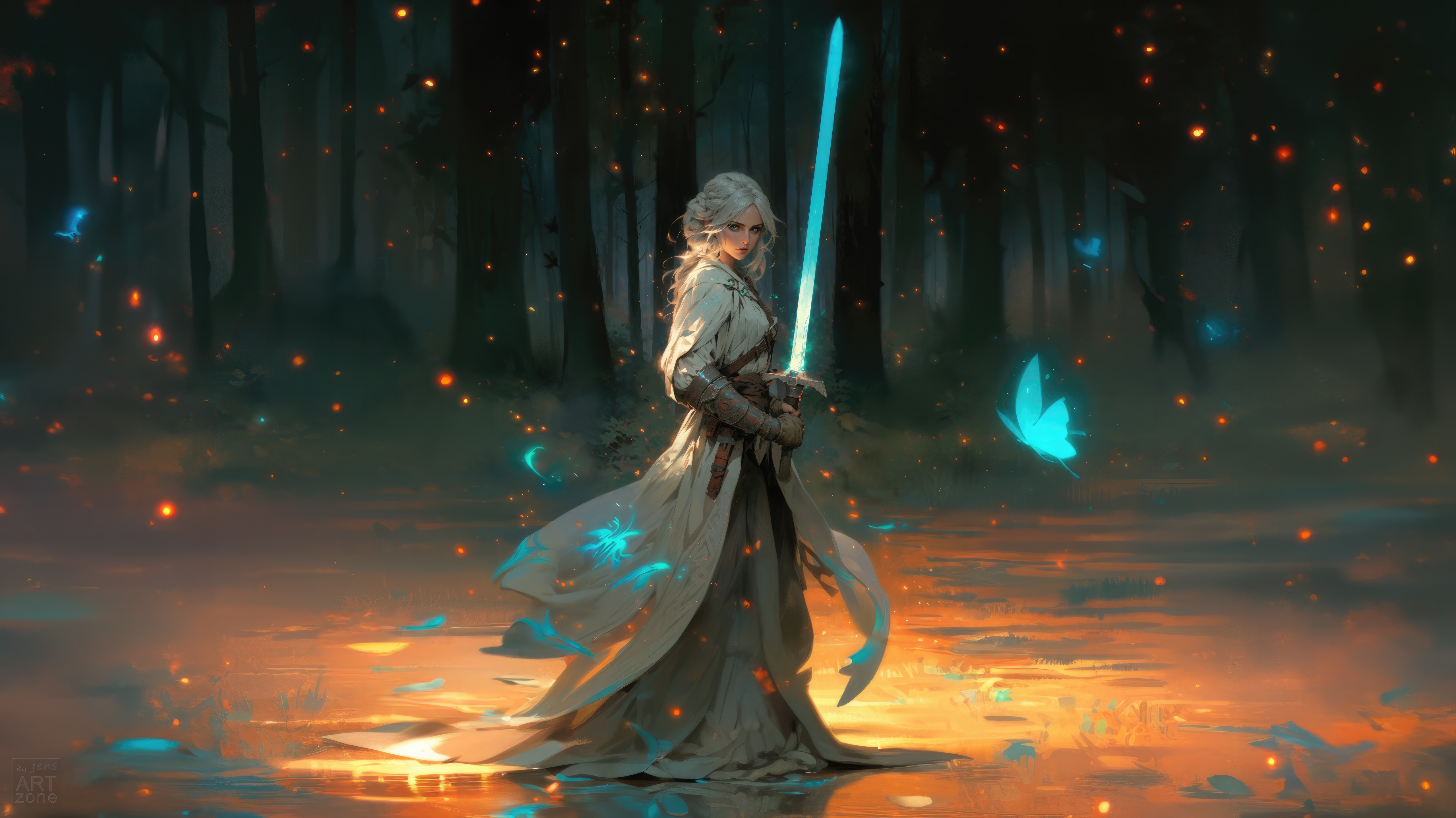 Ciri with a glowing sword in a magical forest HD Wallpaper