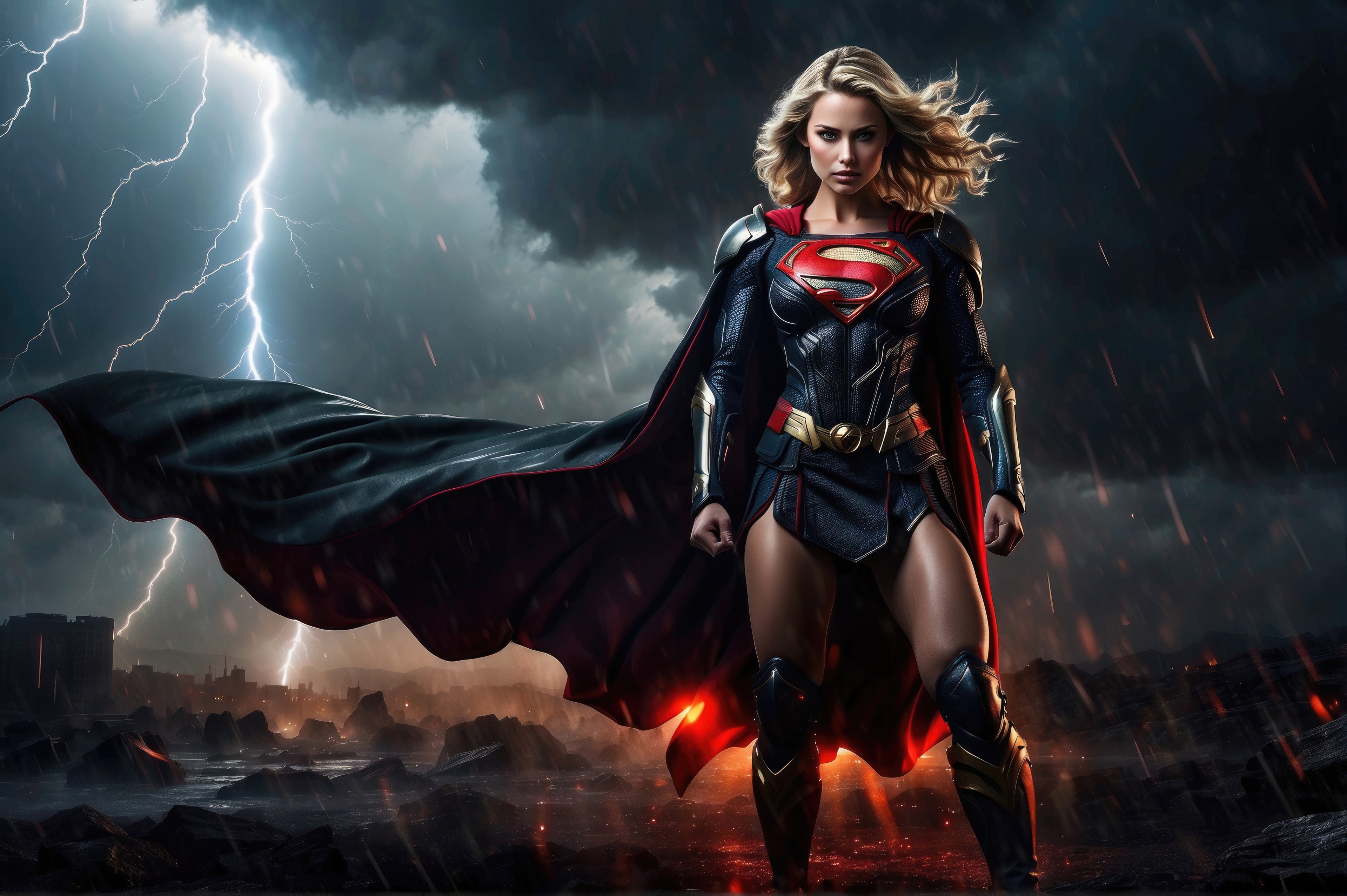 Supergirl in a stormy landscape HD Wallpaper