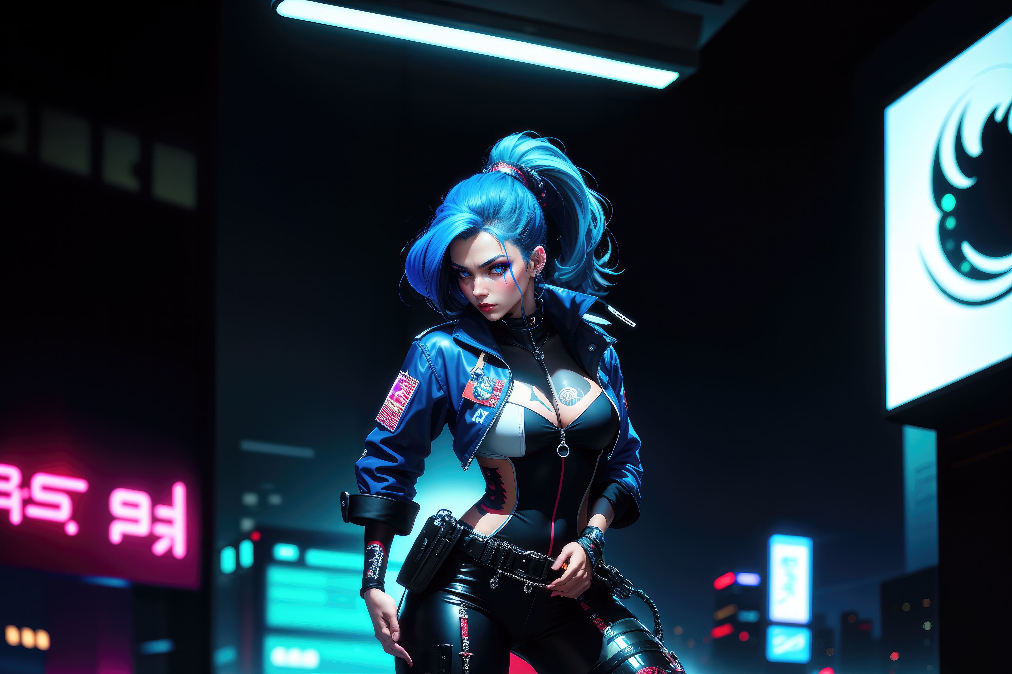 Cyberpunk Girl with Blue Hair in Neon City HD Wallpaper