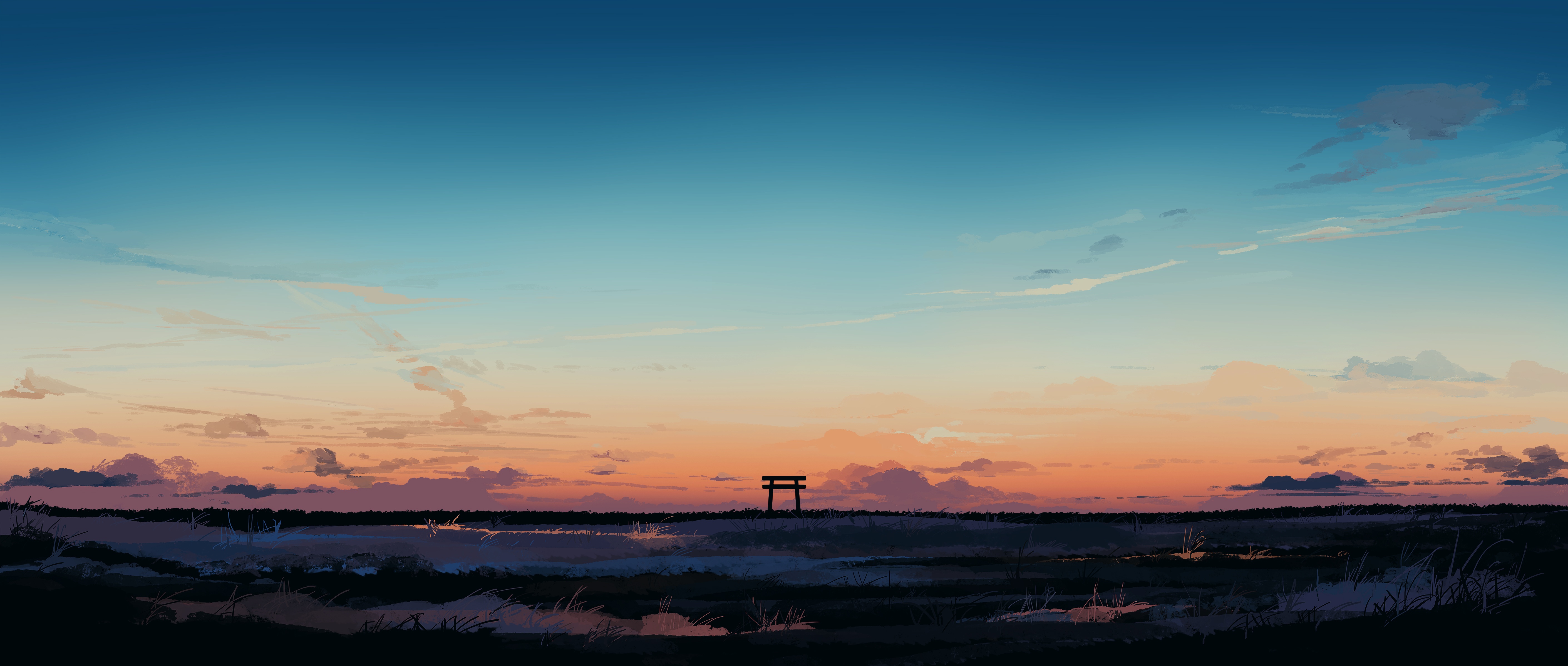 Torii gate at sunset over a marsh HD Wallpaper