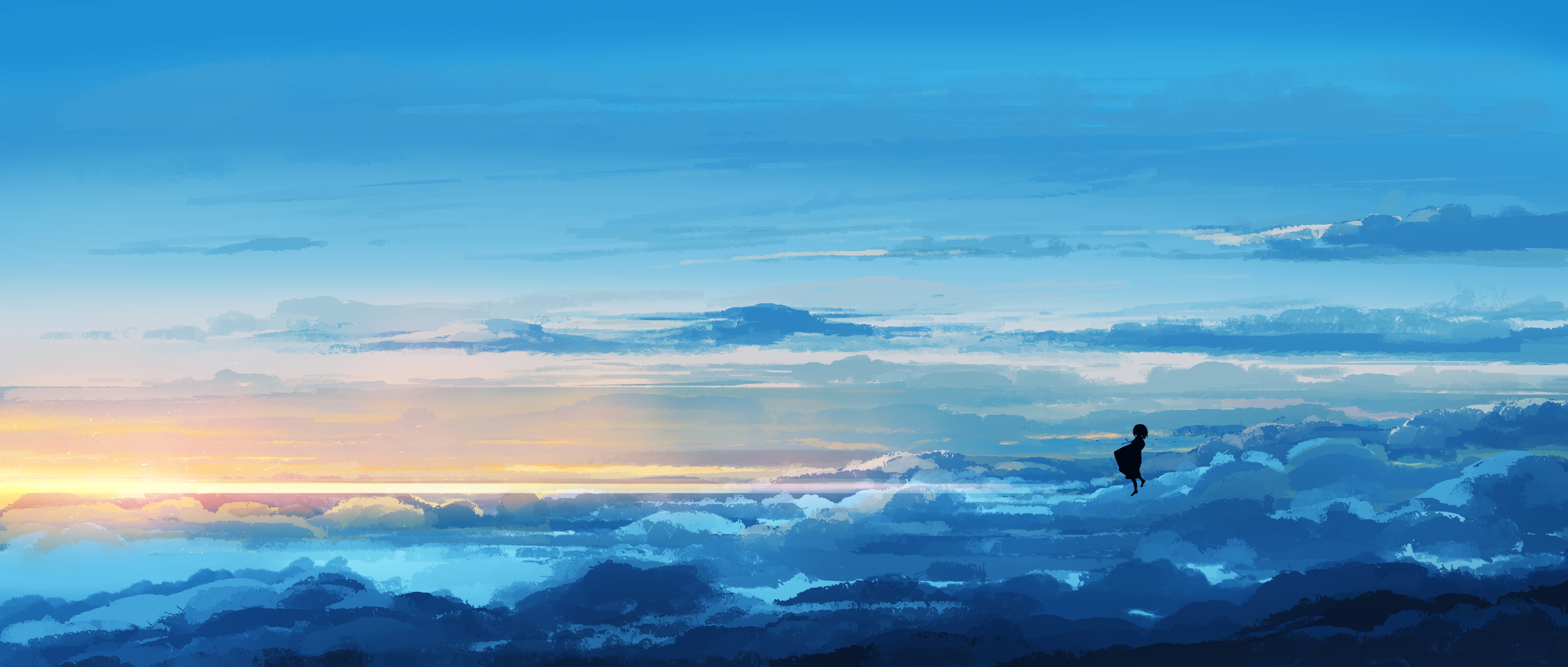 Anime girl floating in the sky above clouds HD Wallpaper