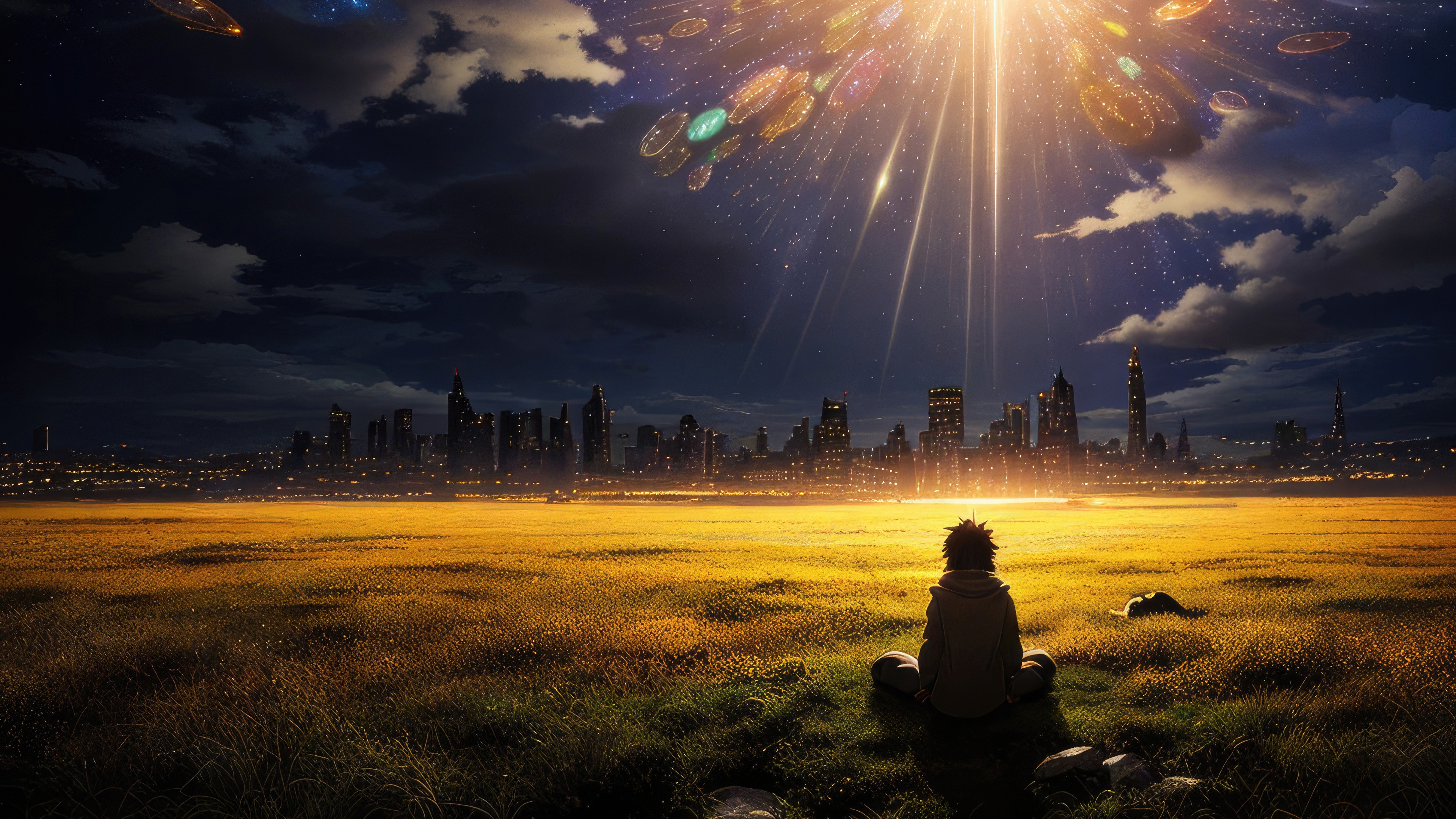 Person in a field looking at a city and UFOs HD Wallpaper