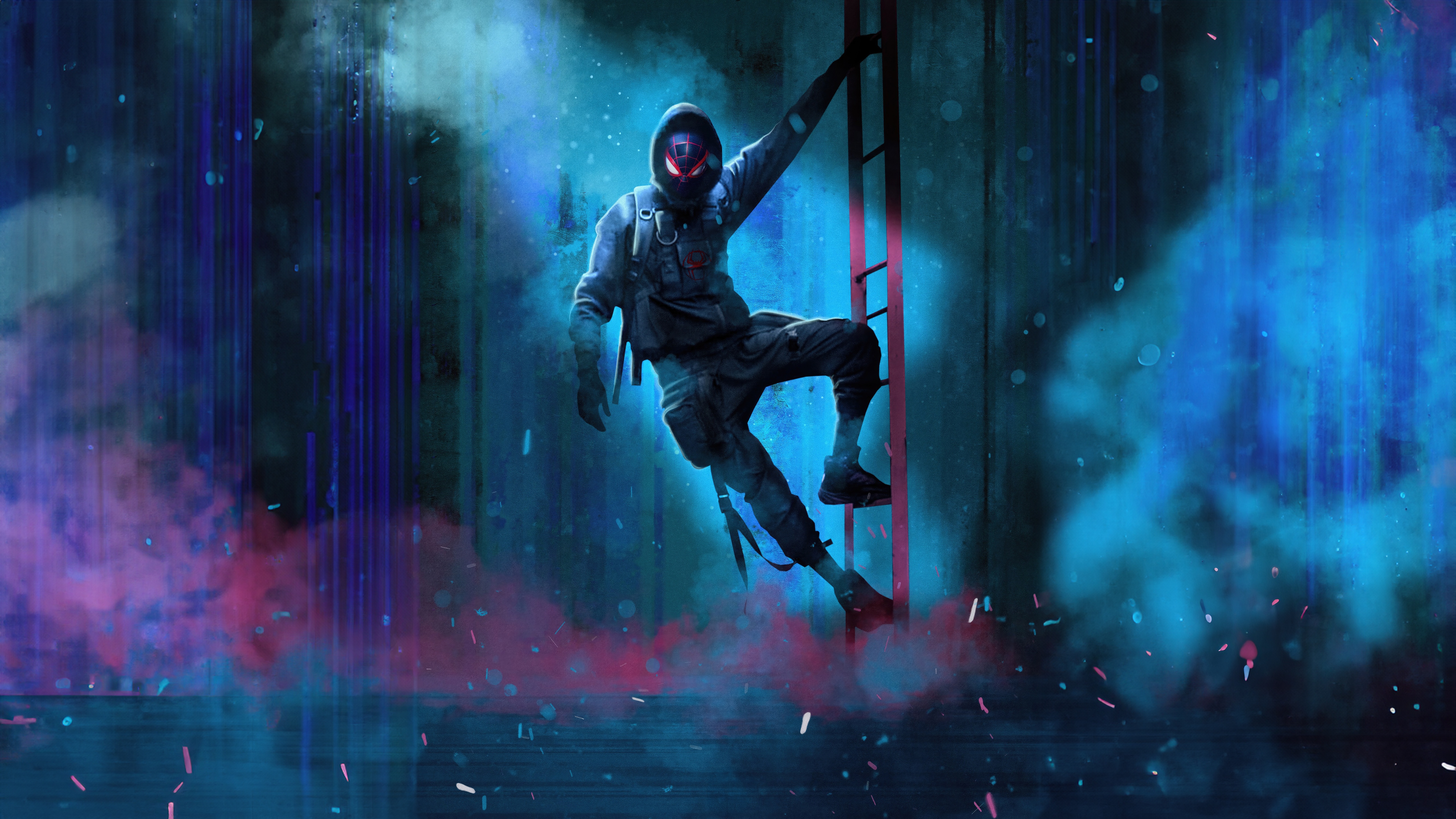 Miles Morales climbing a ladder in a neon city HD Wallpaper