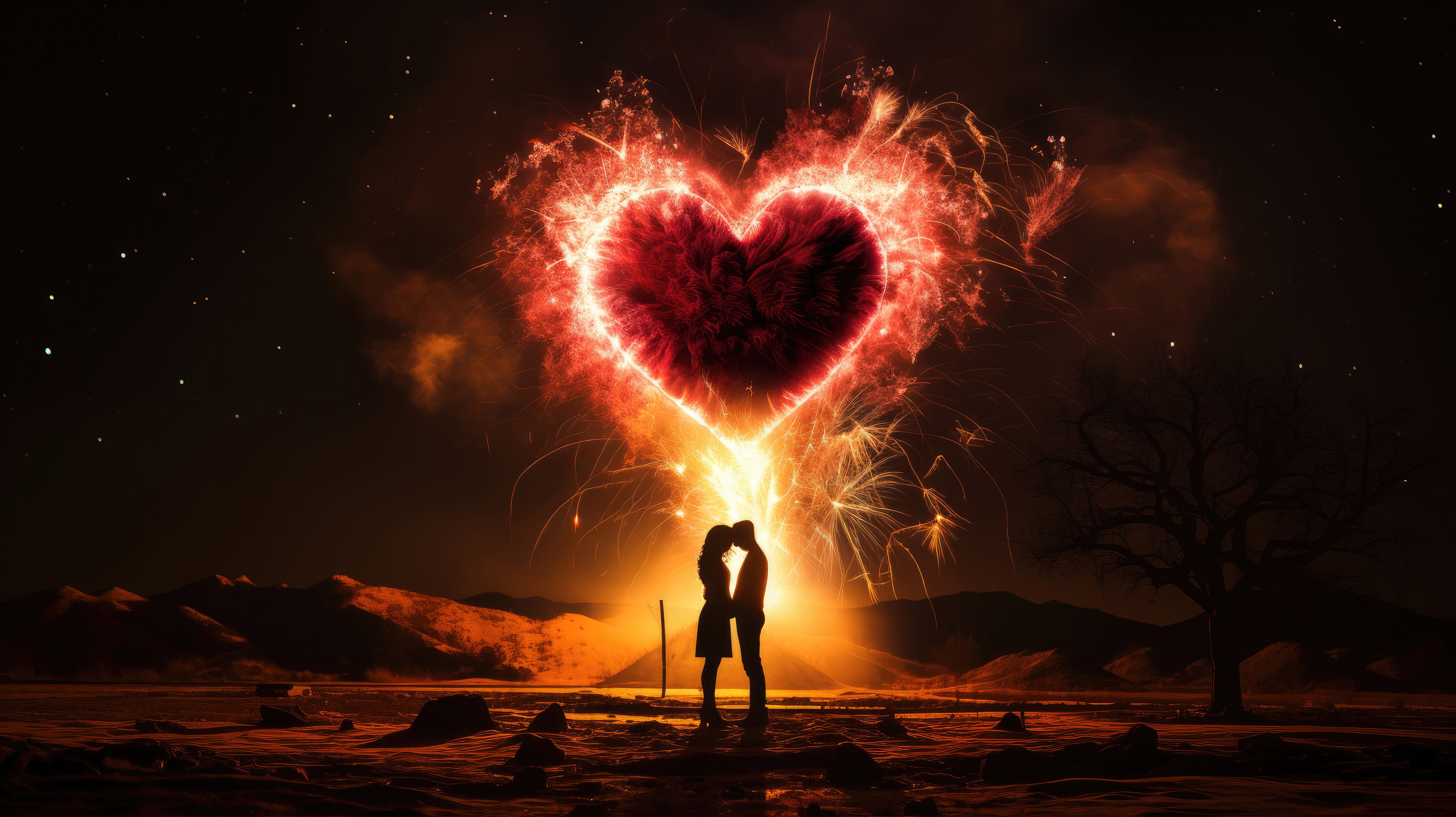 Couple Silhouetted Against Fiery Heart Fireworks HD Wallpaper
