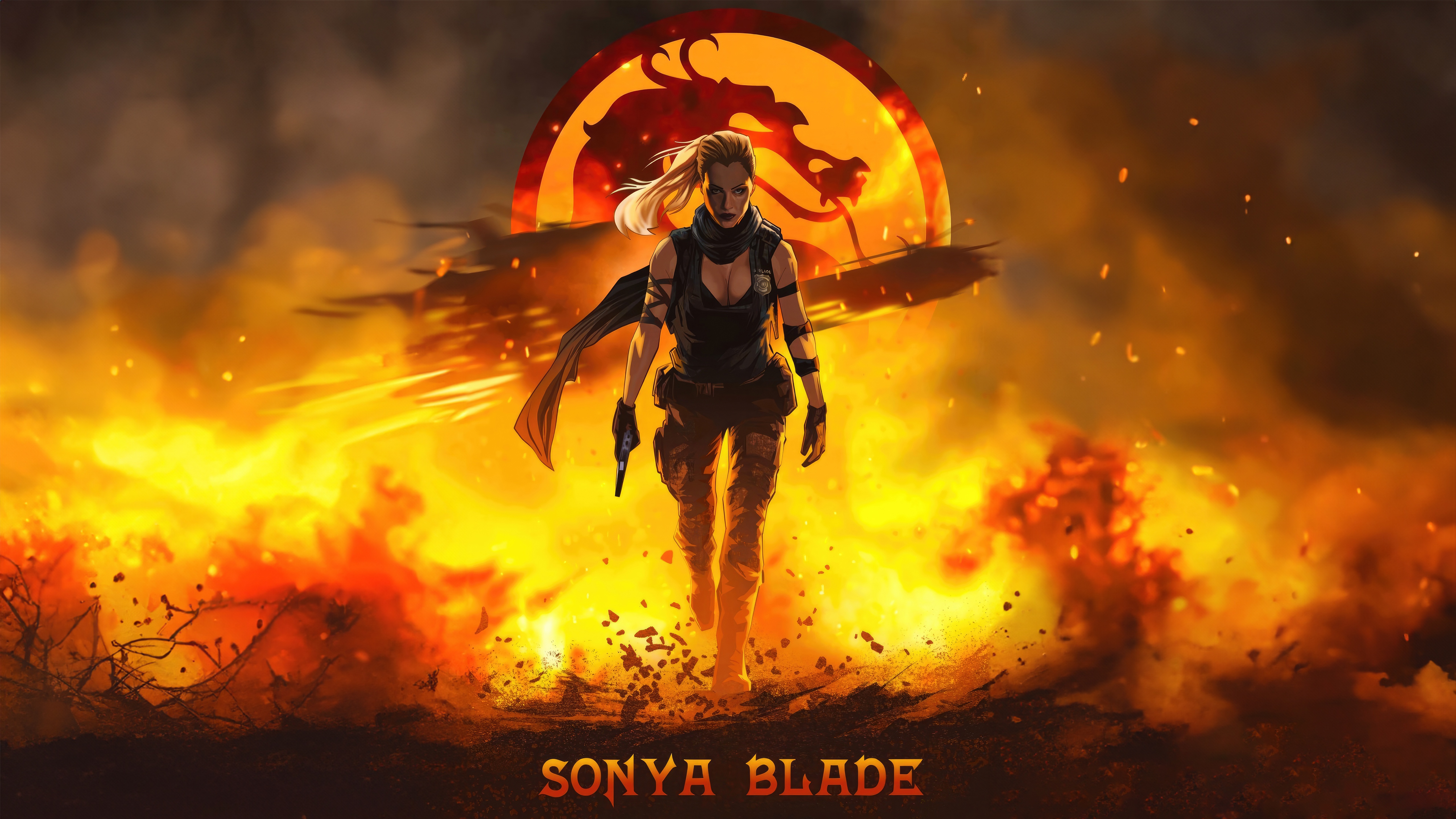 Sonya Blade in Mortal Kombat with Fire Background HD Wallpaper