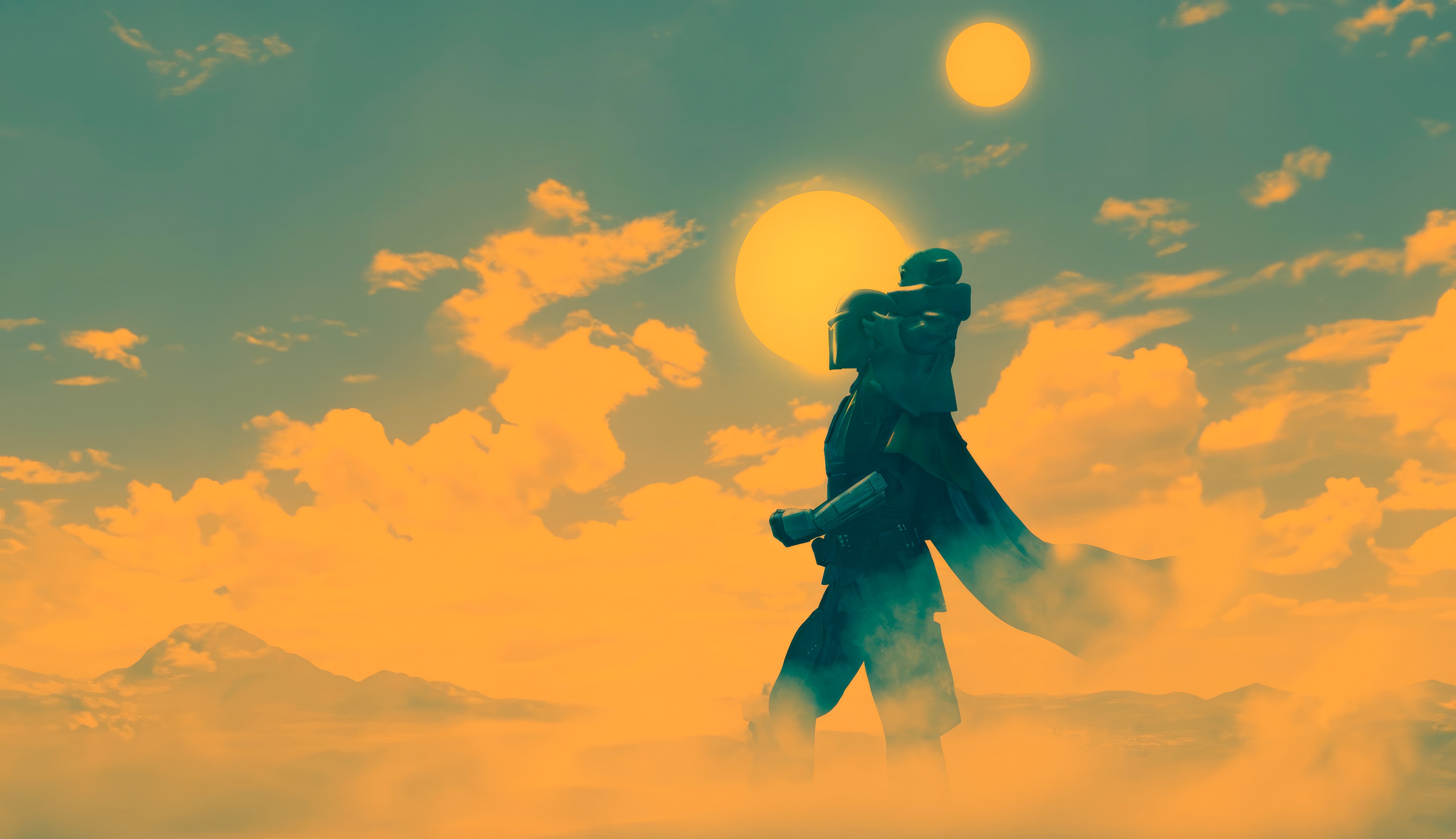 The Mandalorian and Grogu on a desert planet HD Wallpaper