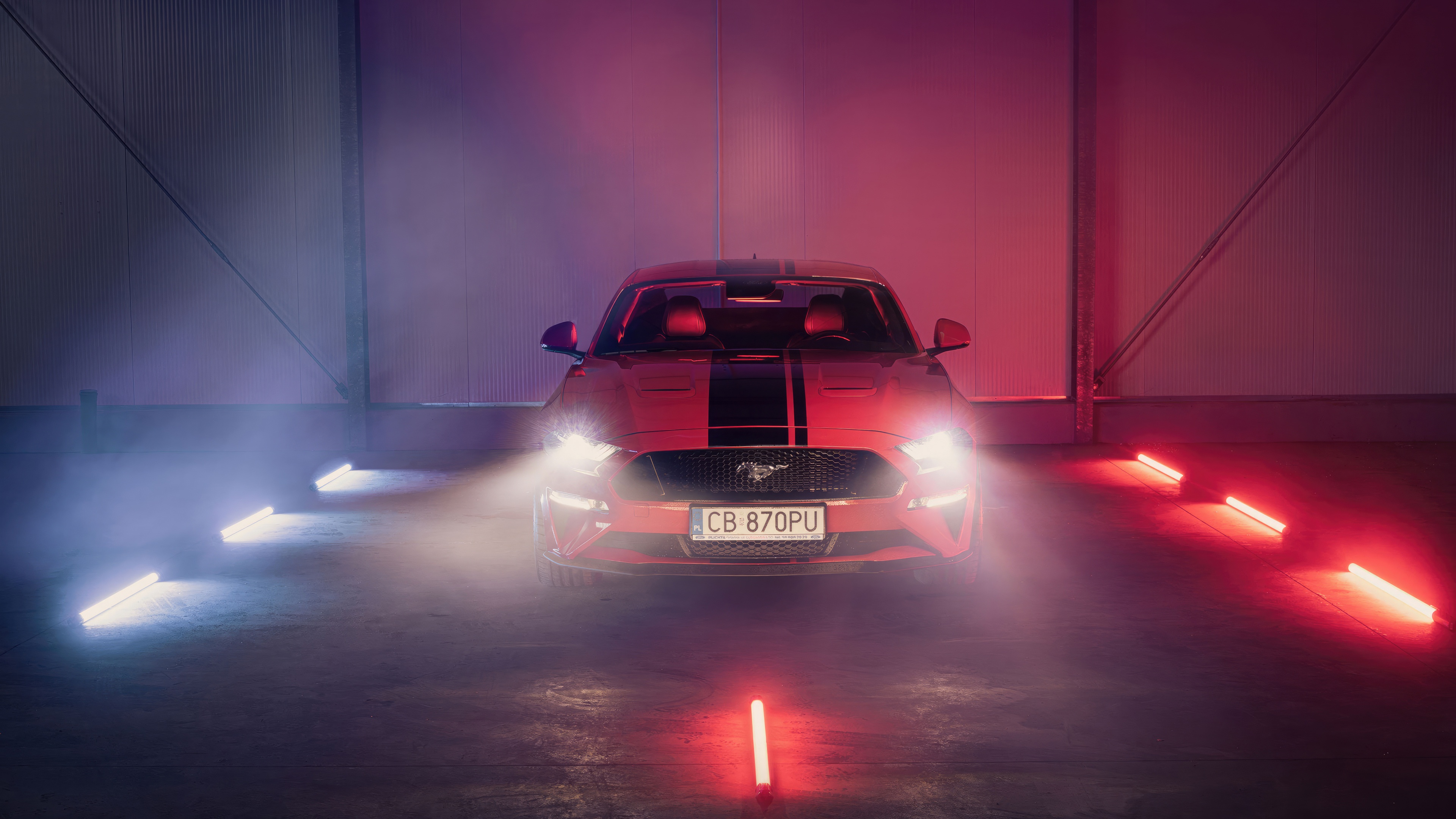 Red Ford Mustang with Racing Stripes HD Wallpaper